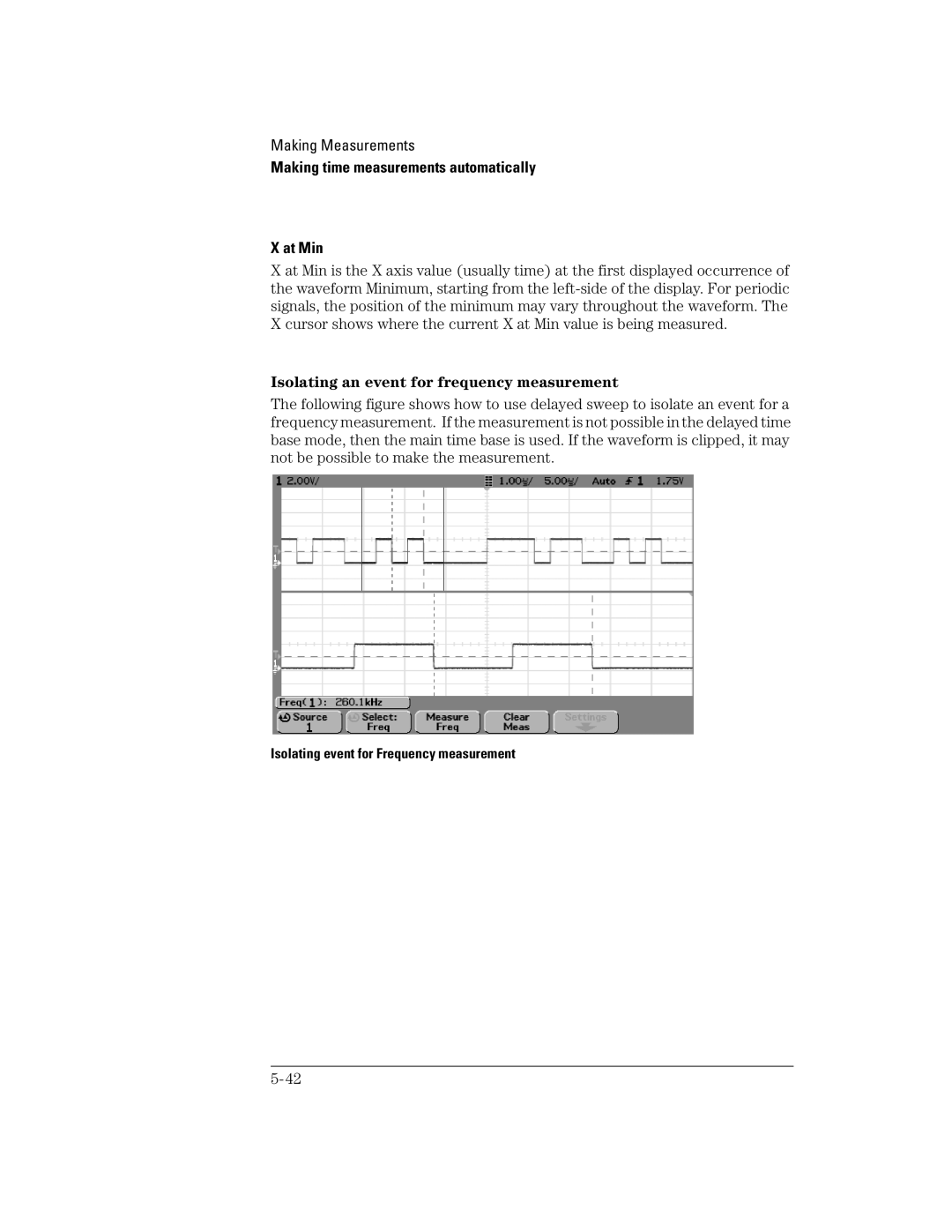 Agilent Technologies 54621D Making time measurements automatically At Min, Isolating an event for frequency measurement 