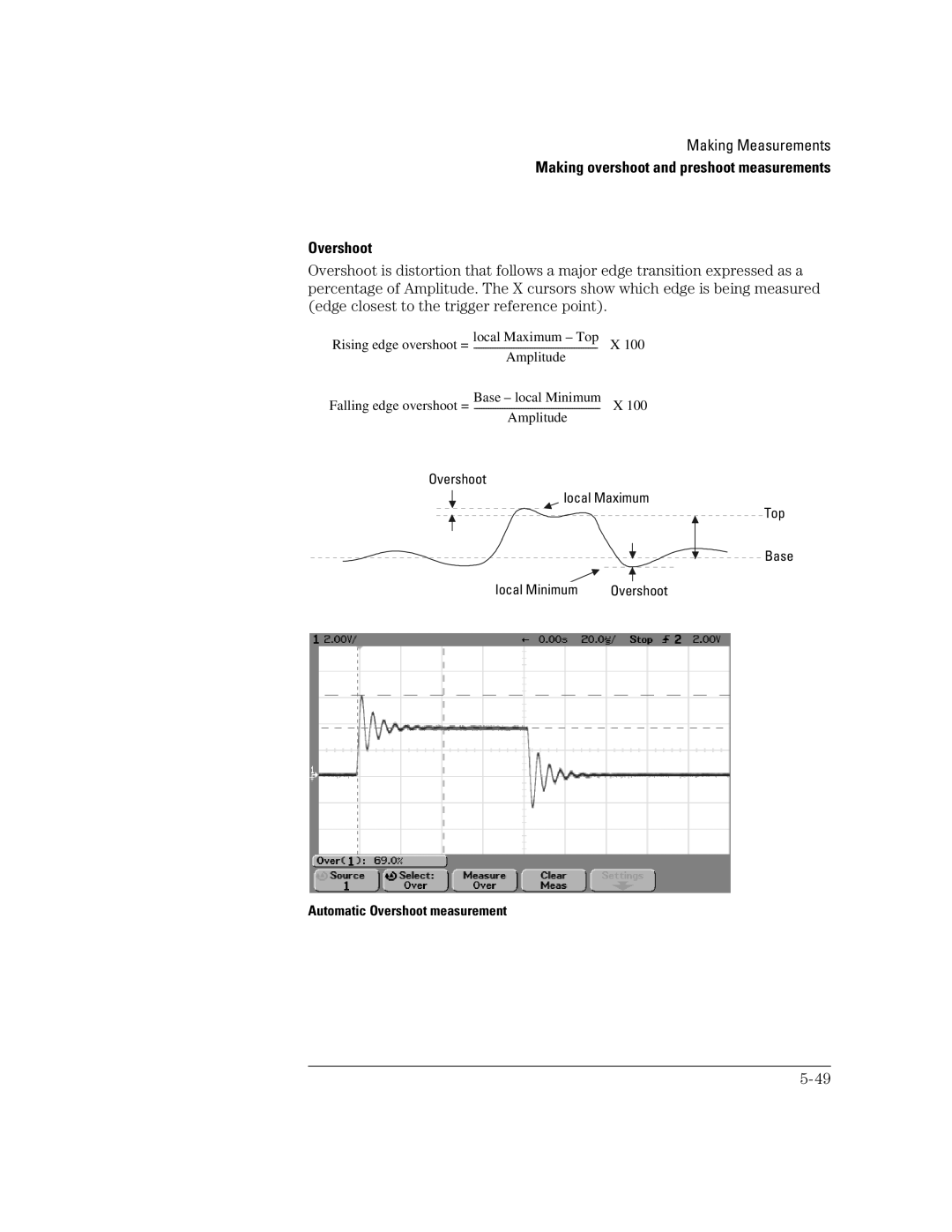 Agilent Technologies 24A, 54621D, 42A, 54621A, 22A, 41A manual Making overshoot and preshoot measurements Overshoot 