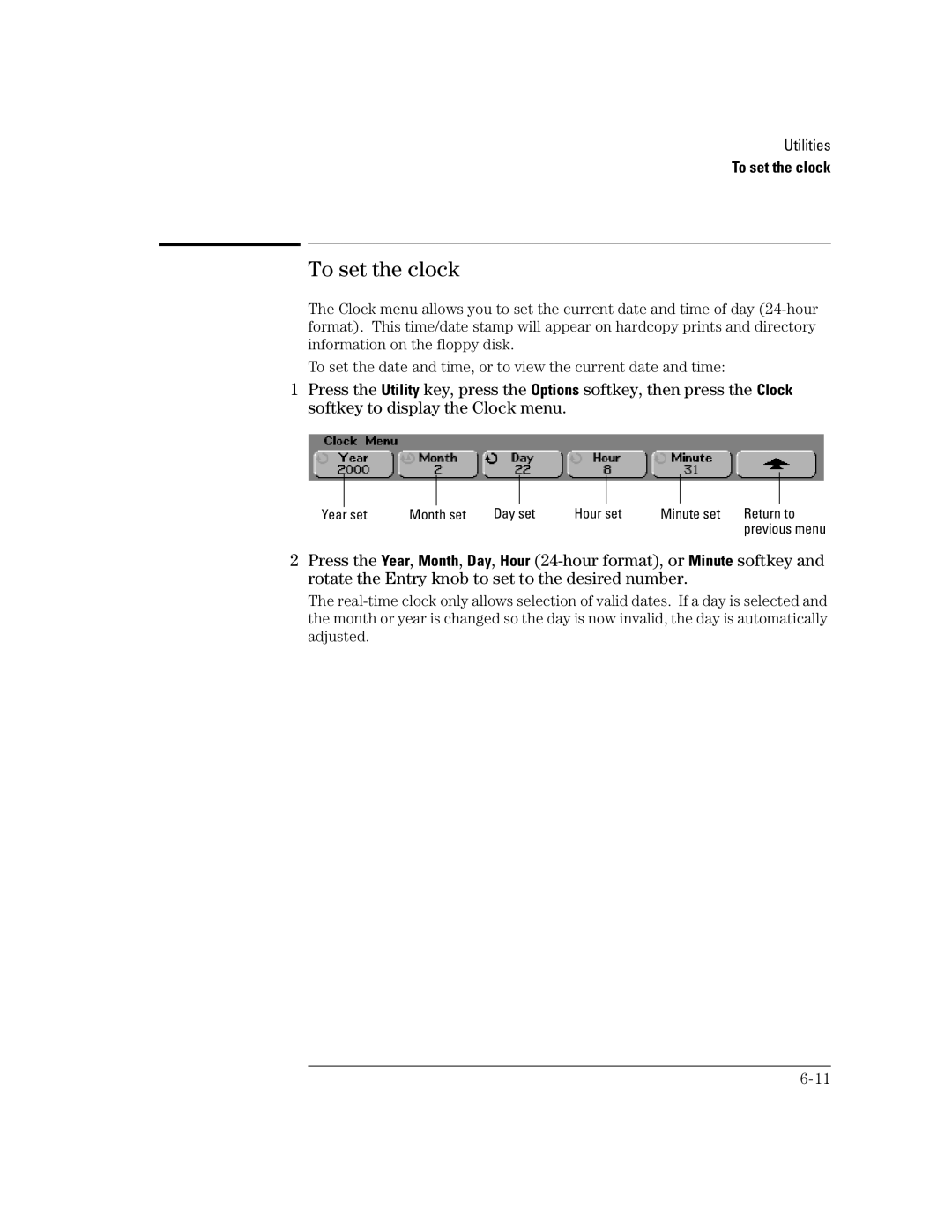 Agilent Technologies 24A, 54621D, 42A, 54621A, 22A, 41A manual To set the clock 