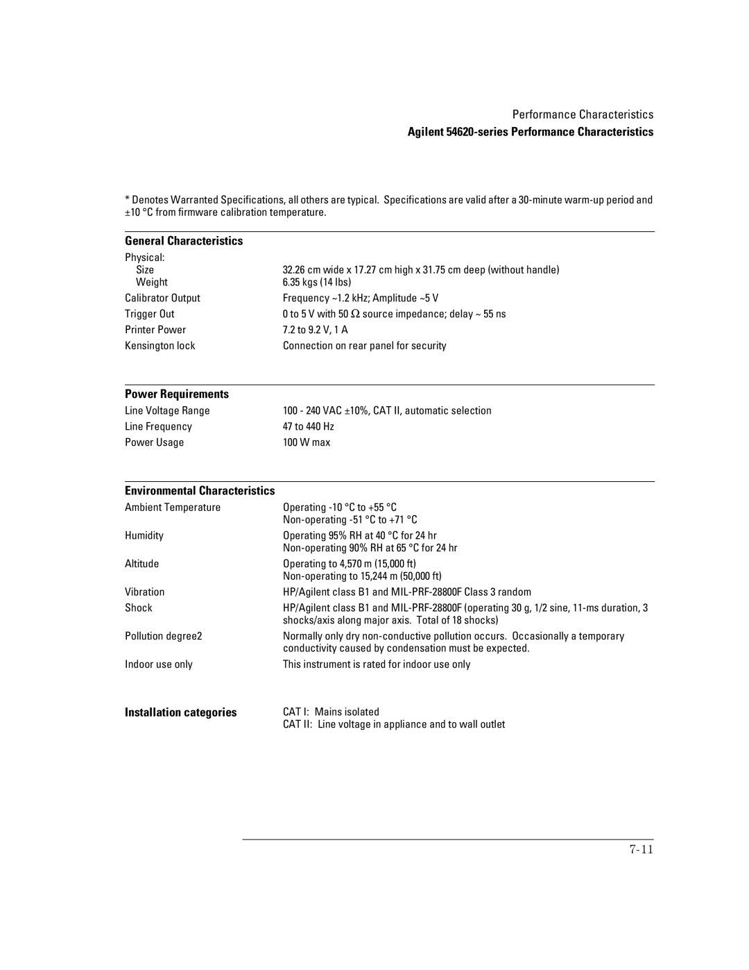 Agilent Technologies 41A, 54621D, 24A, 42A, 54621A, 22A General Characteristics, Power Requirements, Installation categories 