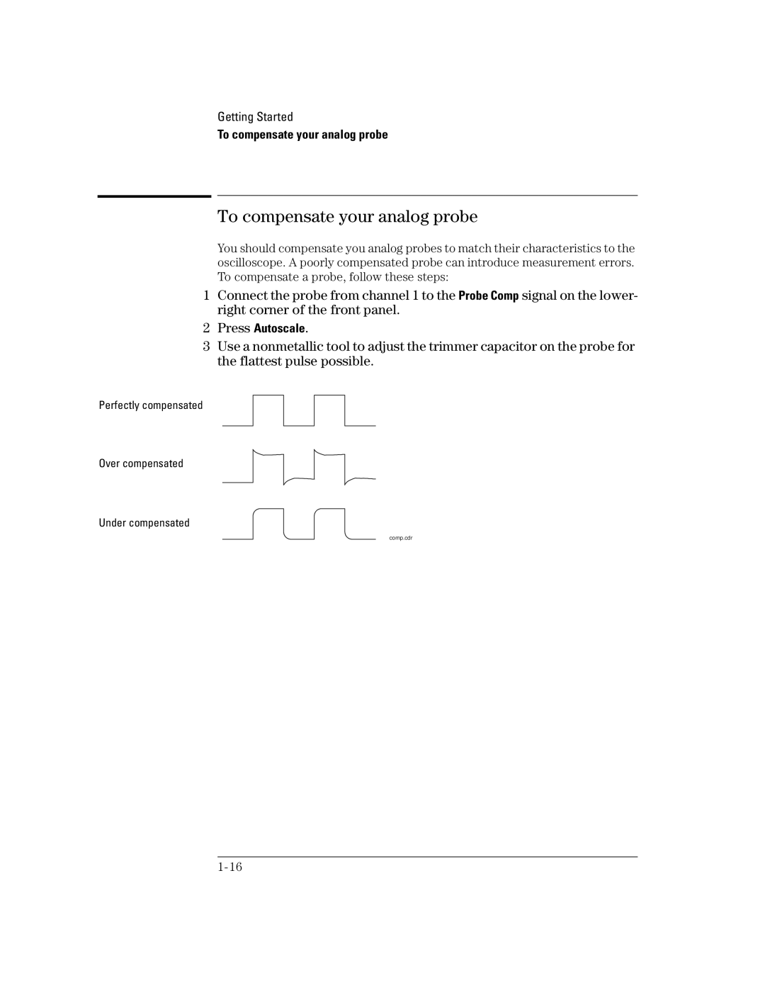 Agilent Technologies 42A, 54621D, 24A, 54621A, 22A, 41A manual To compensate your analog probe, Press Autoscale 