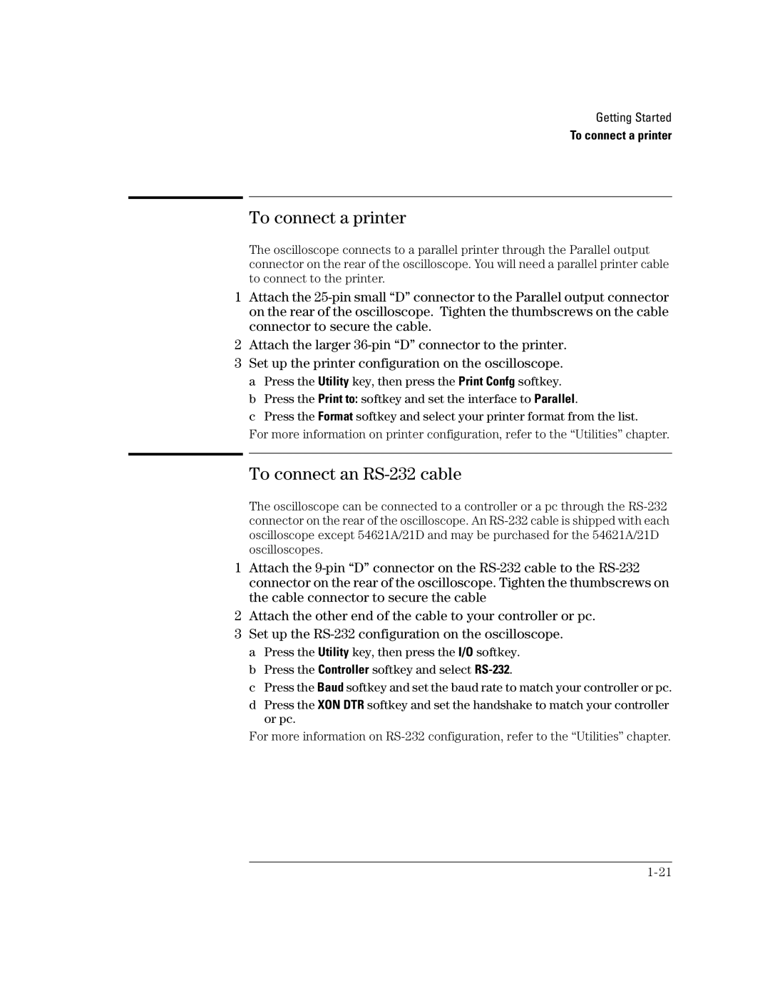 Agilent Technologies 24A, 54621D, 42A, 54621A, 22A, 41A manual To connect a printer, To connect an RS-232 cable 