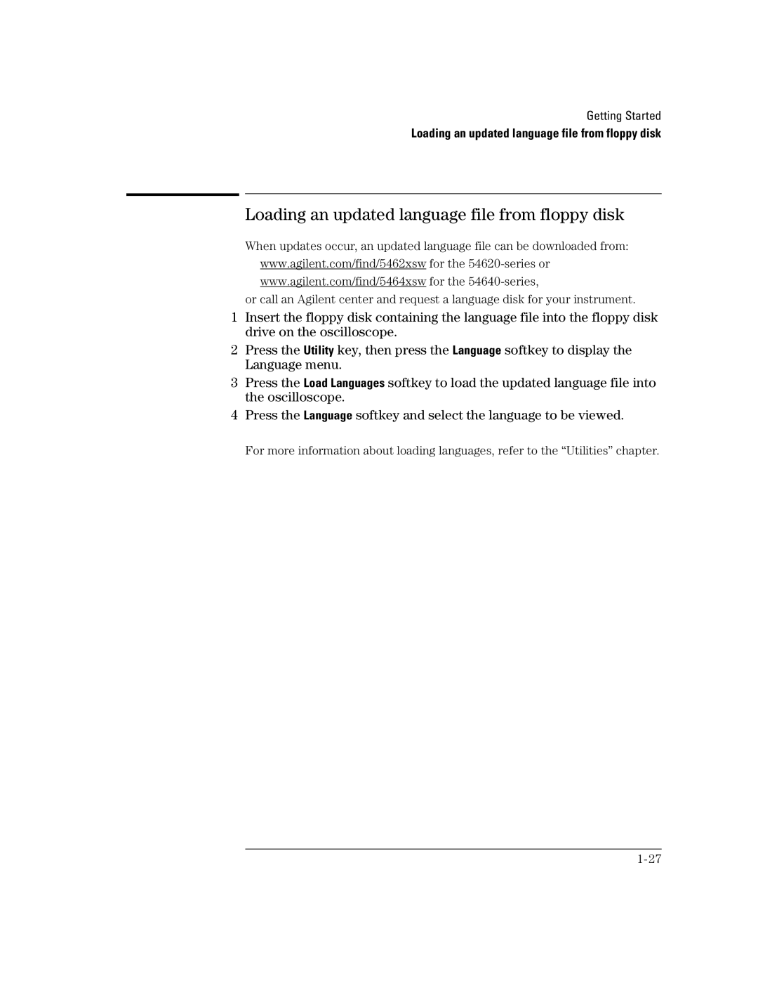 Agilent Technologies 24A, 54621D, 42A, 54621A, 22A, 41A manual Loading an updated language file from floppy disk 