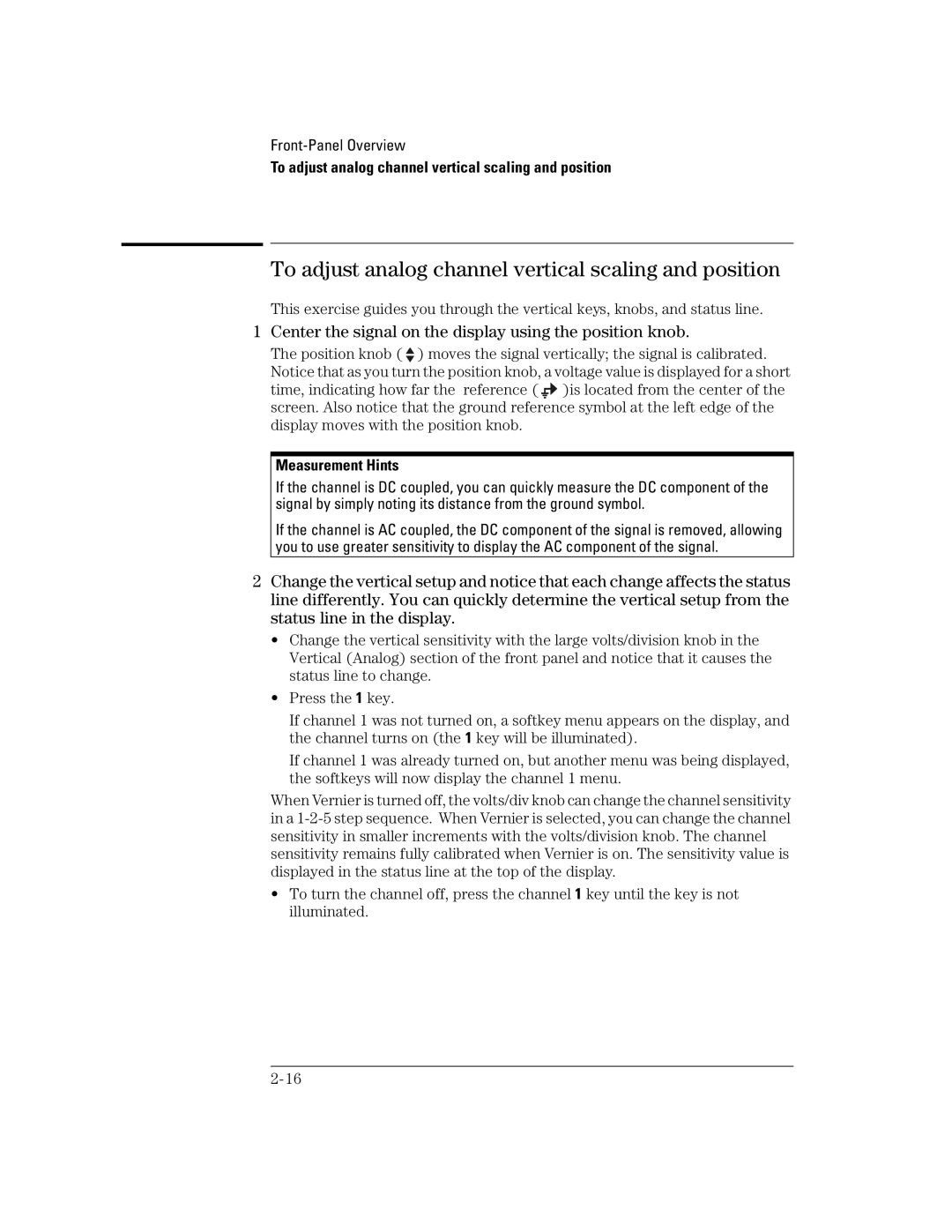 Agilent Technologies 54621D, 24A, 42A, 54621A, 22A To adjust analog channel vertical scaling and position, Measurement Hints 