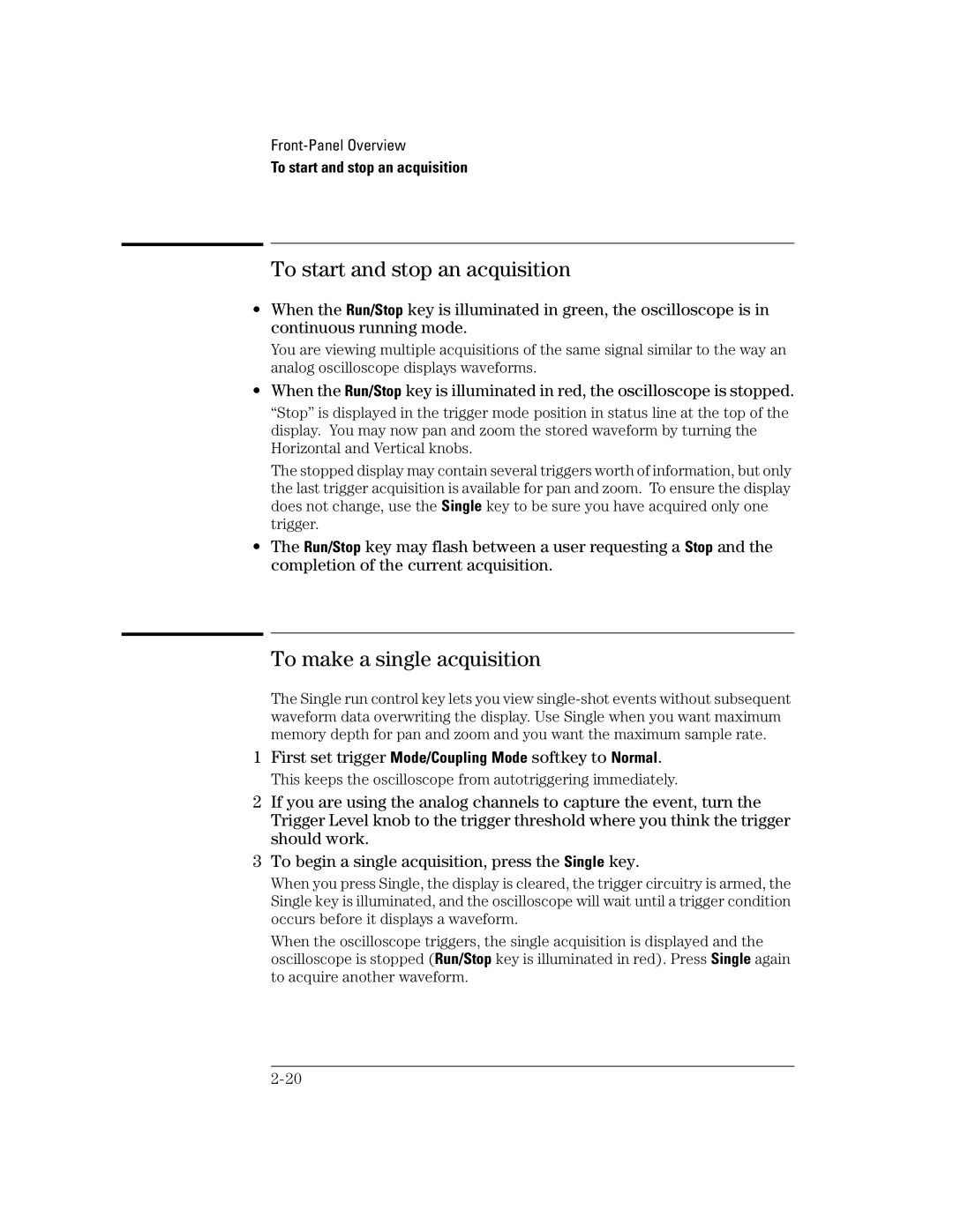 Agilent Technologies 22A, 54621D, 24A, 42A, 54621A, 41A manual To start and stop an acquisition, To make a single acquisition 