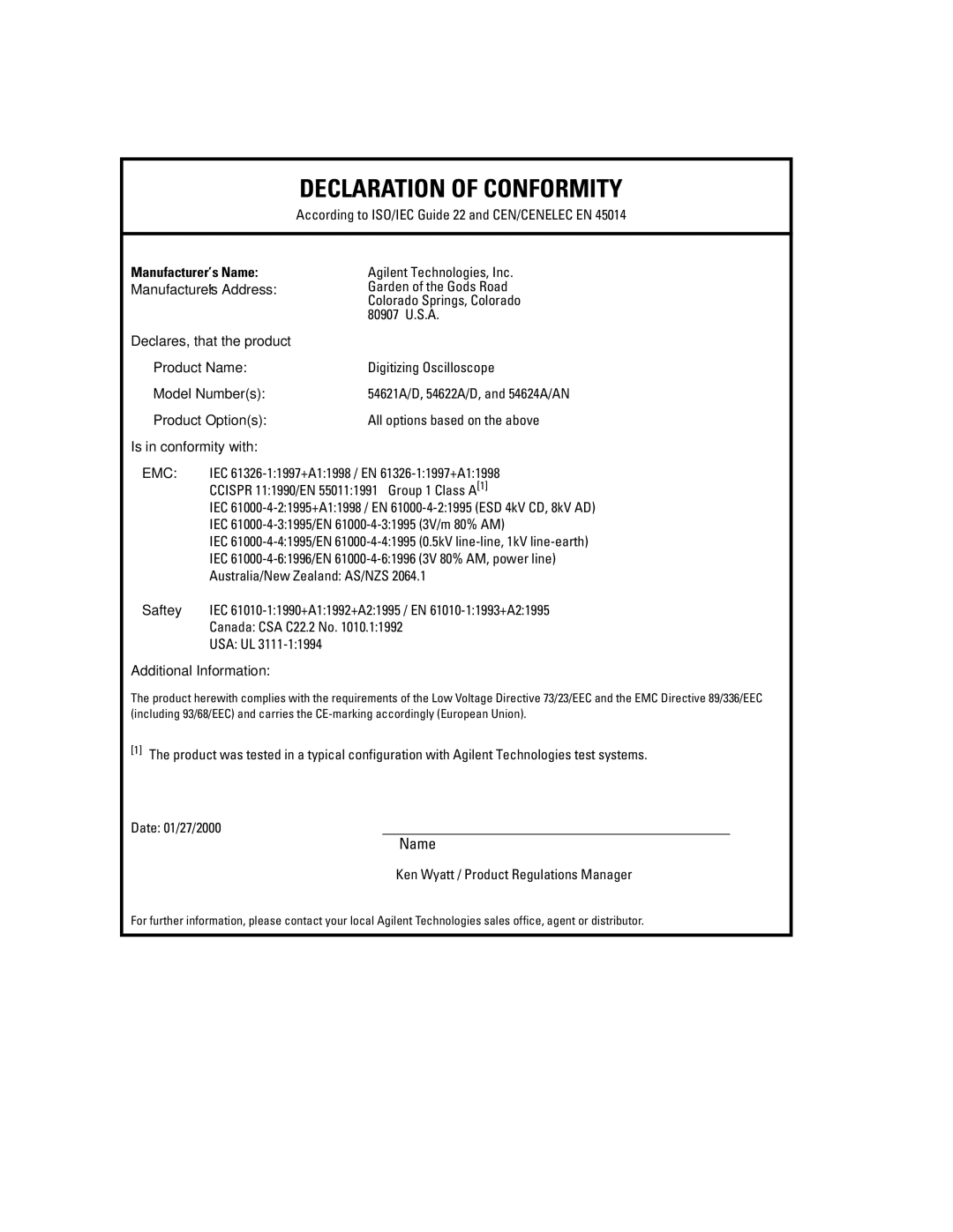 Agilent Technologies 54622A Manufacturer’s Name, Manufacturer’s Address, Product Name, Model Numbers, Product Options 