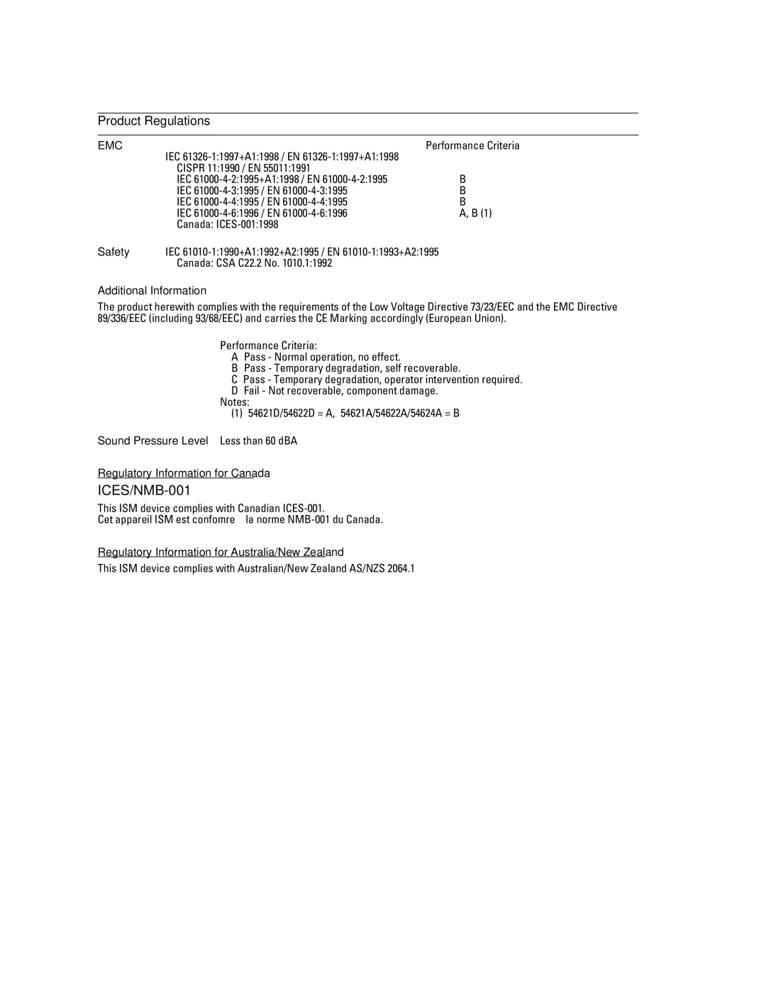 Agilent Technologies 54621A, 54624A Product Regulations, Safety, Sound Pressure Level, Regulatory Information for Canada 