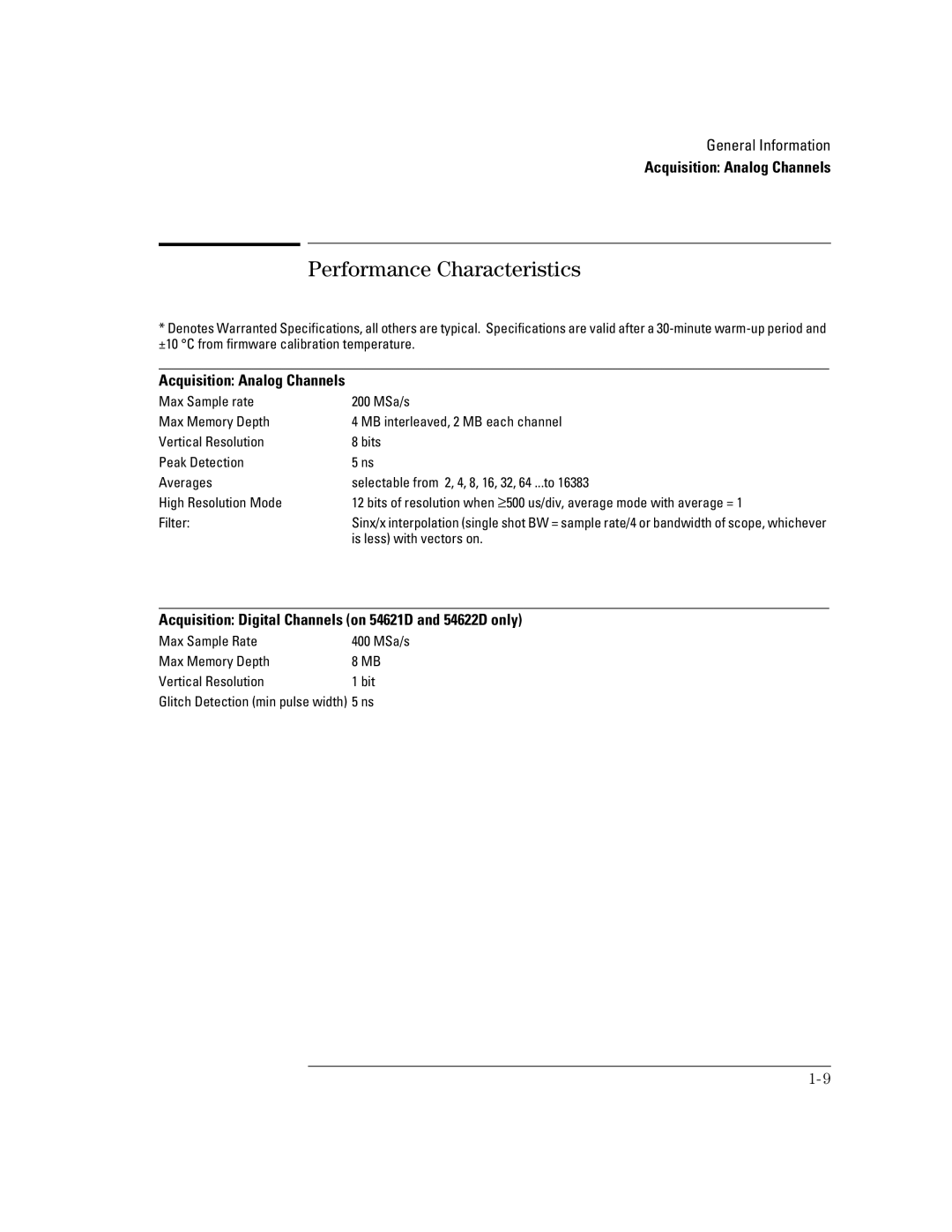 Agilent Technologies 54621A, 54624A, 54621D, 54622D, 54622A manual Performance Characteristics, Acquisition Analog Channels 