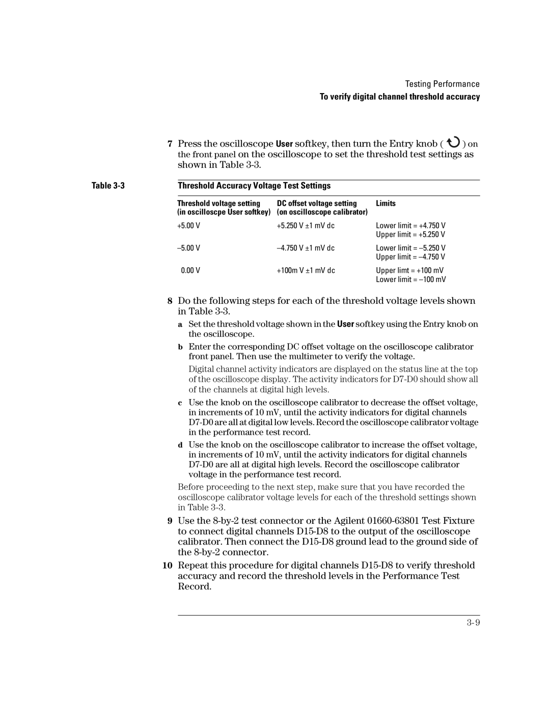 Agilent Technologies 54624A, 54621D, 54622D, 54622A, 54621A manual Threshold Accuracy Voltage Test Settings 