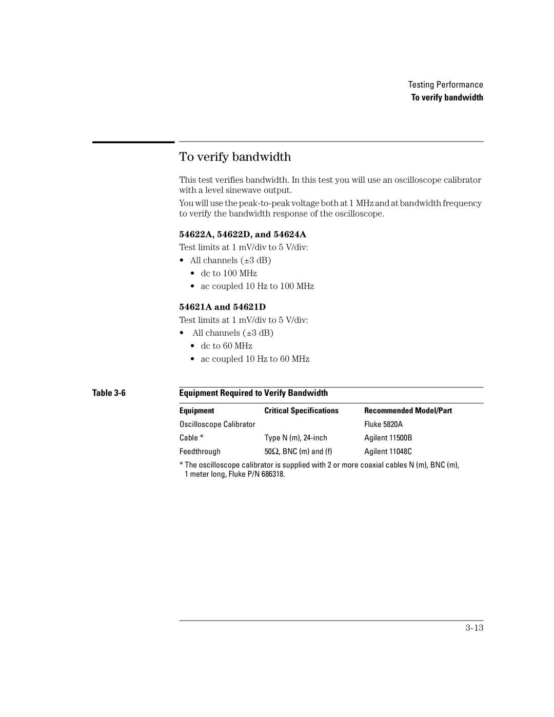 Agilent Technologies 54621A, 54624A, 54621D, 54622D, 54622A manual To verify bandwidth, Equipment Required to Verify Bandwidth 