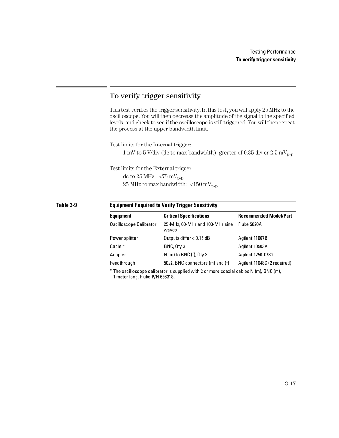 Agilent Technologies 54622A, 54624A, 54621D To verify trigger sensitivity, Equipment Required to Verify Trigger Sensitivity 