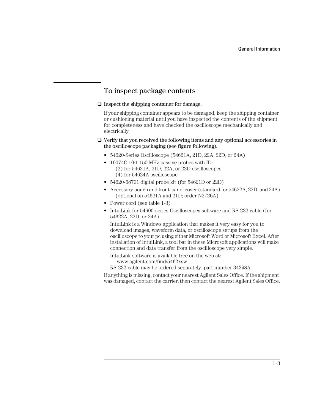 Agilent Technologies 54622A, 54624A, 54621D, 54622D, 54621A manual To inspect package contents 