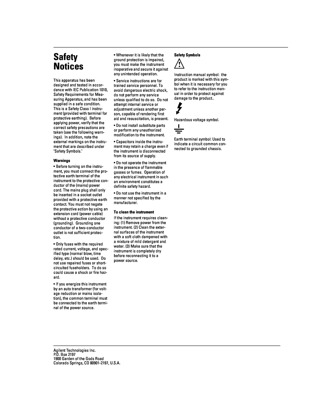 Agilent Technologies 54624A Safety Notices, Warnings, To clean the instrument, Safety Symbols, Hazardous voltage symbol 