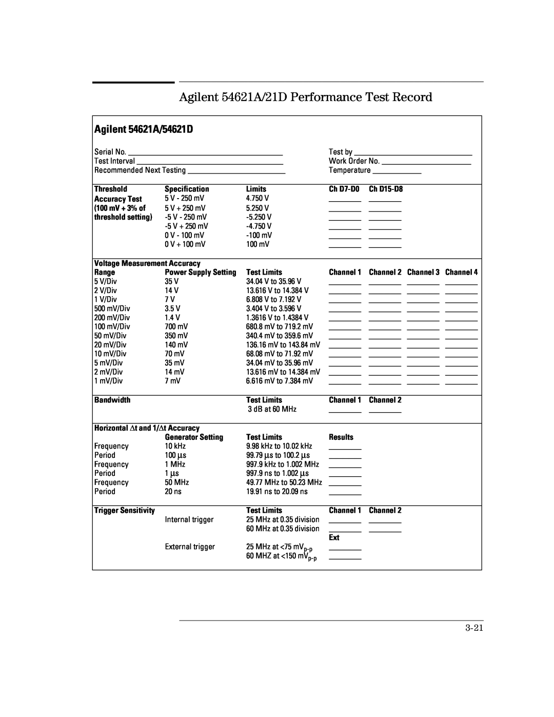 Agilent Technologies 54622D, 54624A, 54622A manual Agilent 54621A/21D Performance Test Record, Agilent 54621A/54621D 