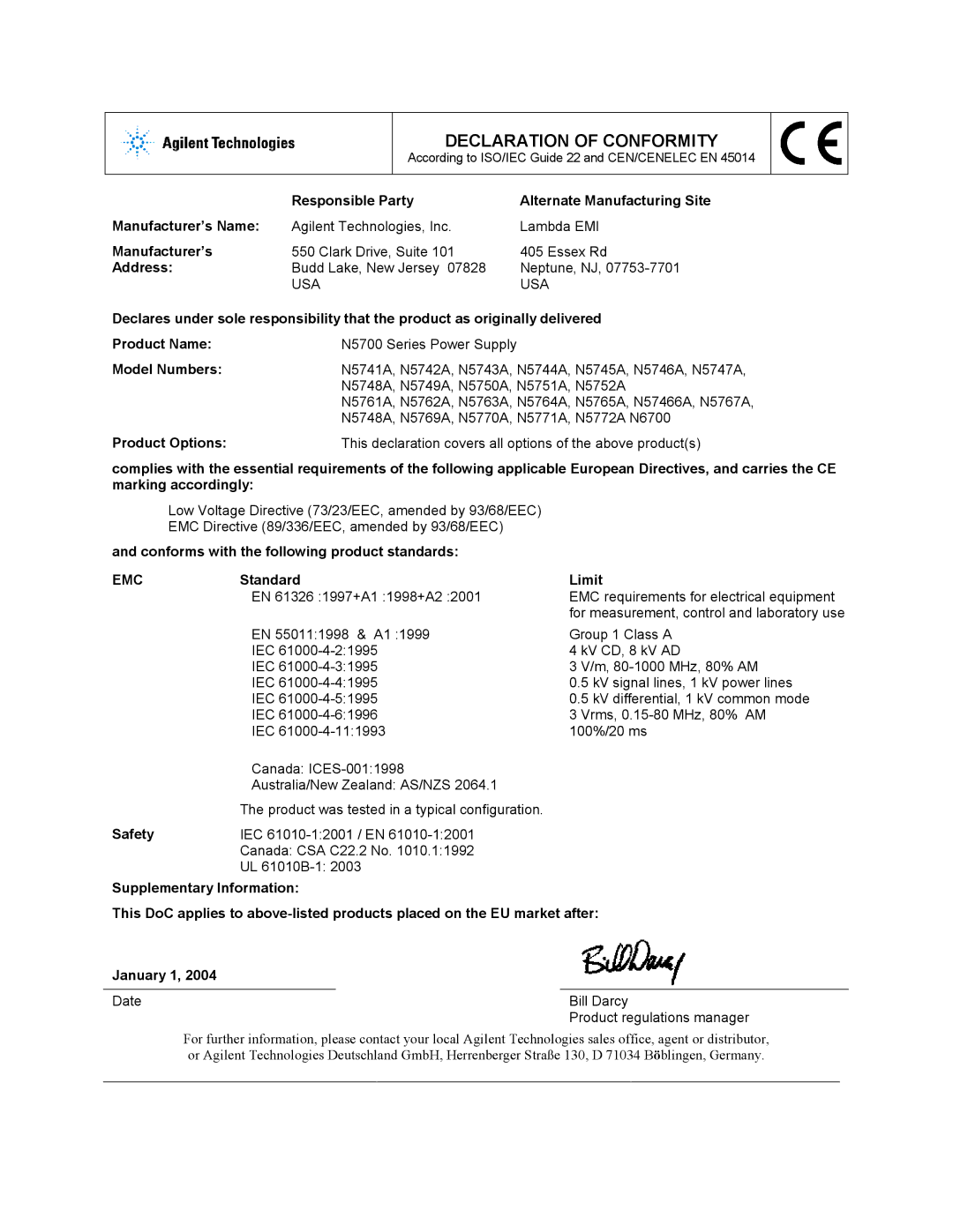 Agilent Technologies 5750A Manufacturer’s, Address, Conforms with the following product standards, Standard Limit, Safety 