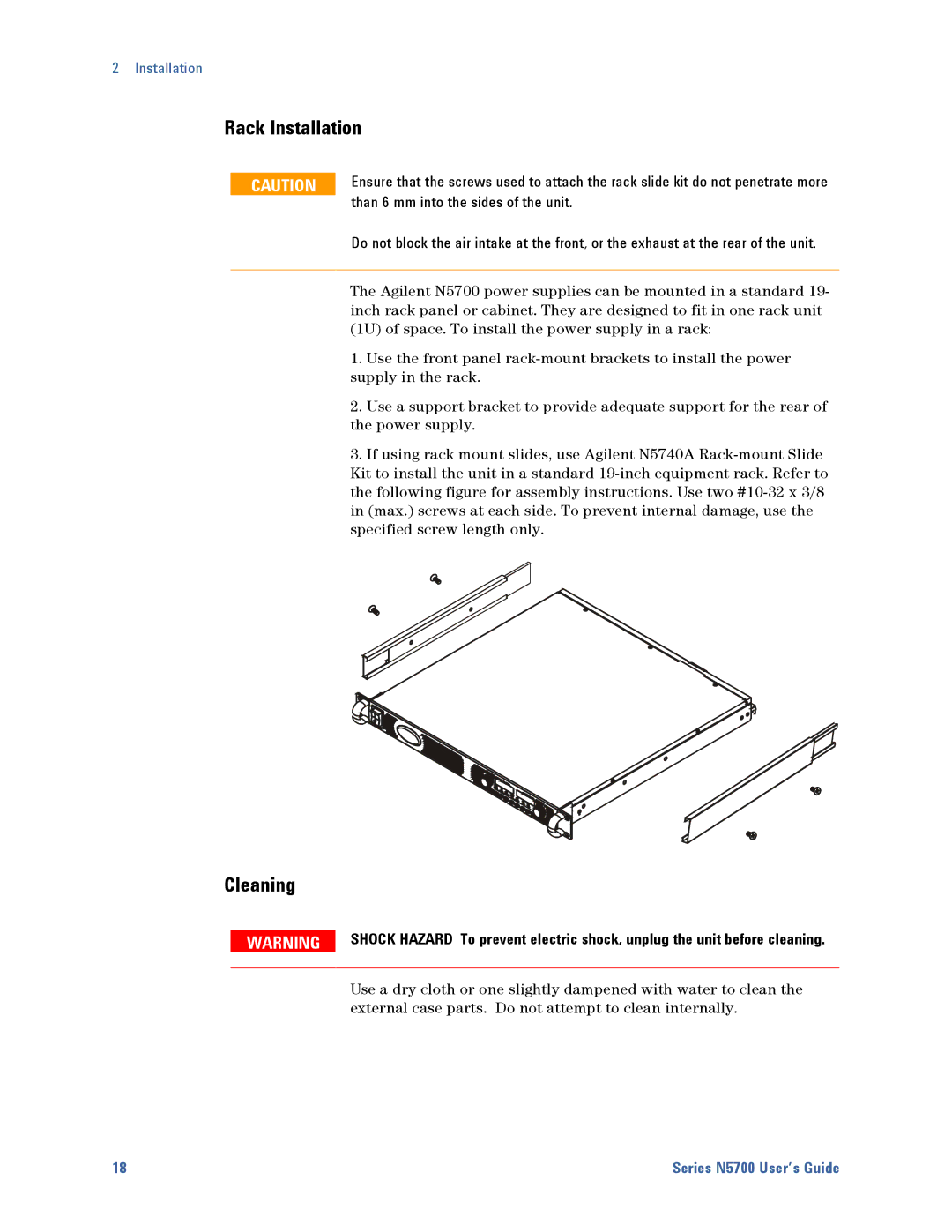 Agilent Technologies 5751A, 5752A, 5744A, 5743A, 5748A manual Rack Installation, Cleaning, Than 6 mm into the sides of the unit 