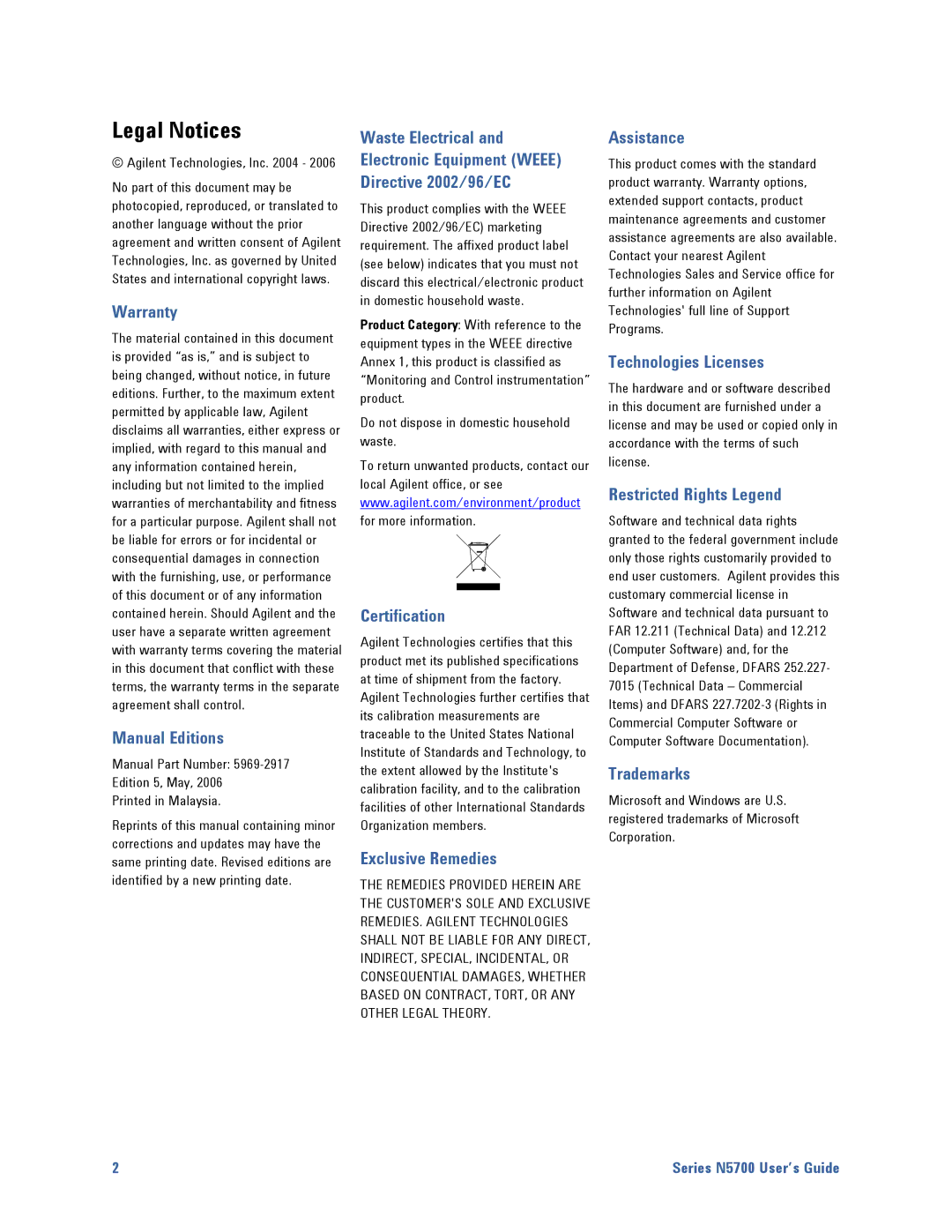 Agilent Technologies 5743A, 5752A, 5744A, 5748A, 5741A, 5746A, 5751A, 5742A, 5745A, 5747A Legal Notices, Agilent Technologies, Inc 