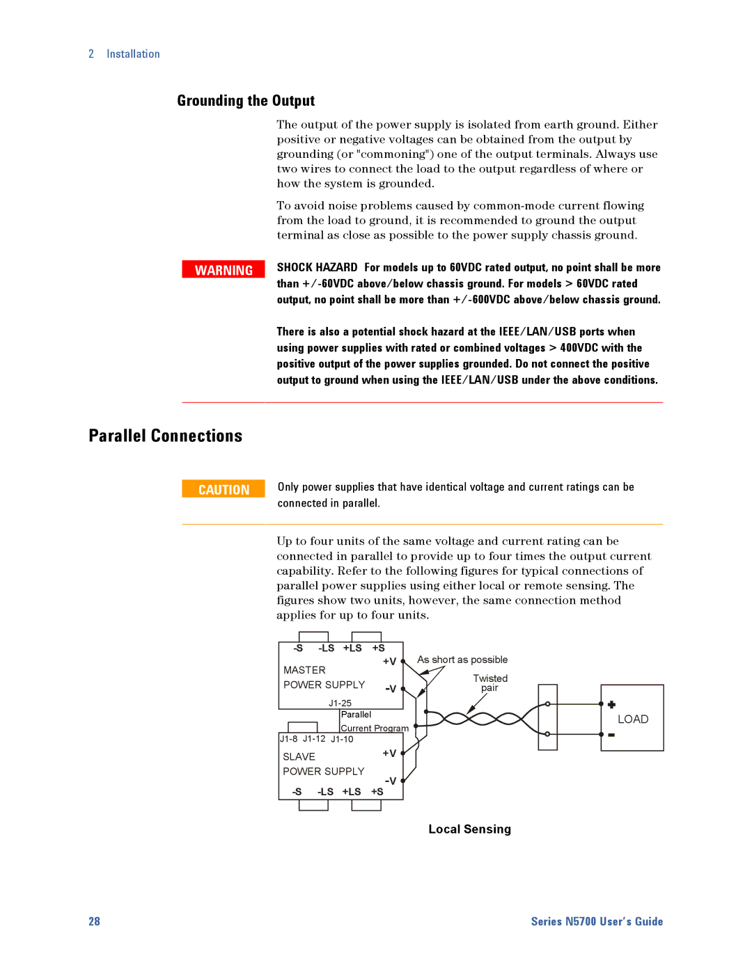 Agilent Technologies 5741A, 5752A, 5744A Parallel Connections, Grounding the Output, Connected in parallel, Local Sensing 