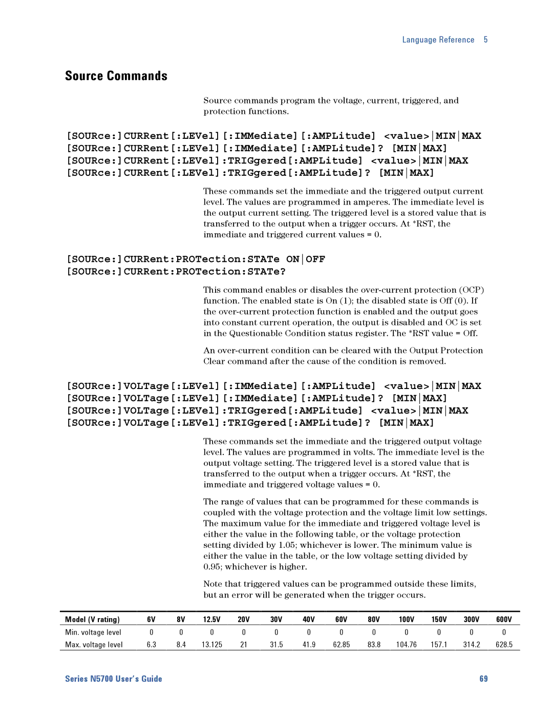 Agilent Technologies 5747A, 5752A, 5744A, 5743A, 5748A, 5741A, 5746A, 5751A, 5742A, 5745A, 5749A Source Commands, Model V rating 