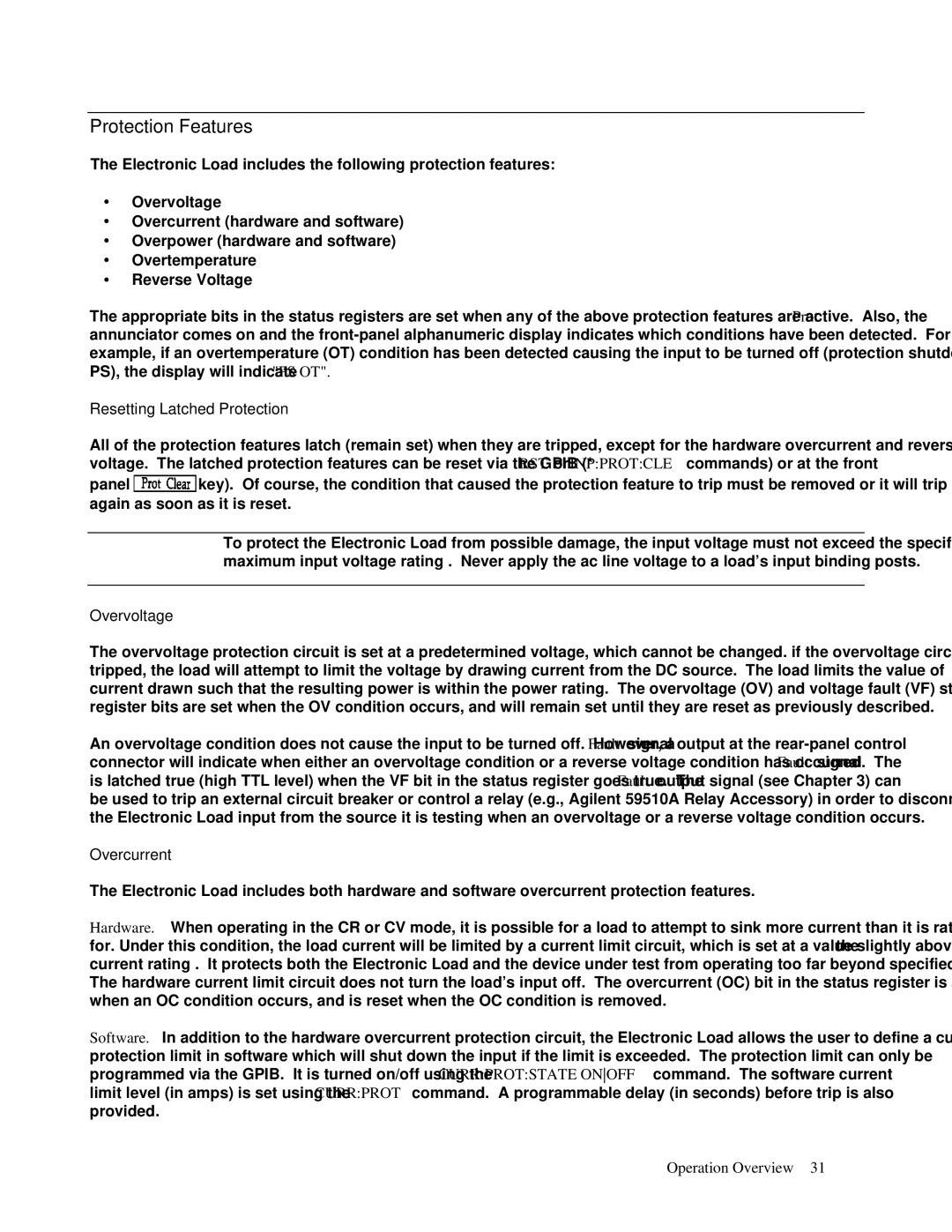 Agilent Technologies 5951-2827, 5951-2826 manual Protection Features, Resetting Latched Protection, Overvoltage, Overcurrent 