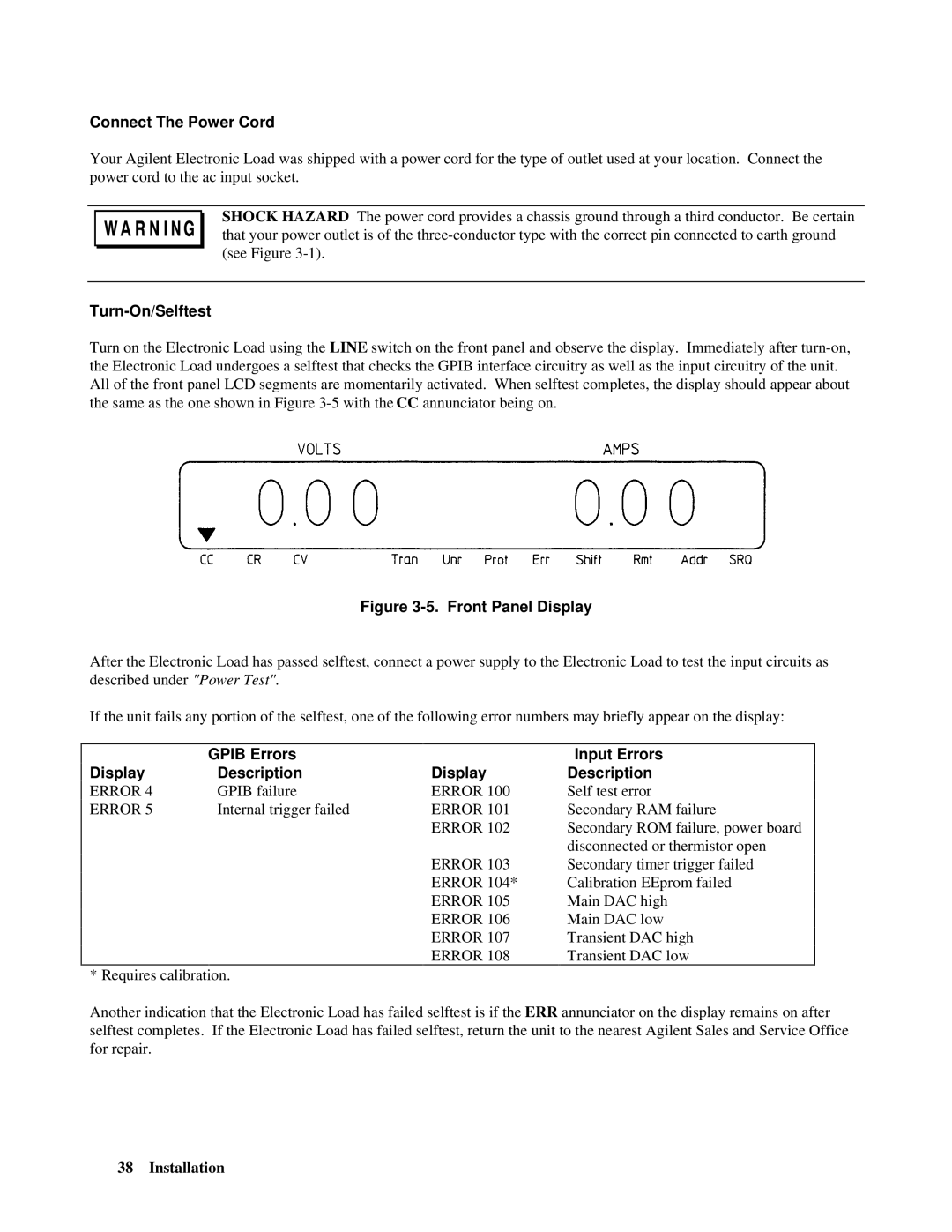 Agilent Technologies 5951-2826 Connect The Power Cord, Turn-On/Selftest, Gpib Errors Input Errors Display Description 