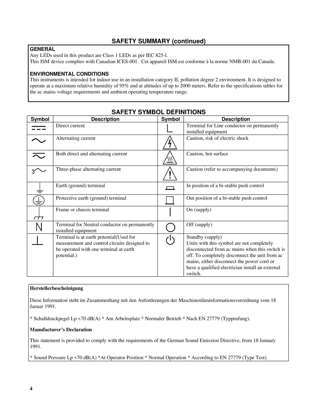 Agilent Technologies 5951-2826 Safety Summary, Symbol Description, Herstellerbescheinigung, Manufacturer’s Declaration 