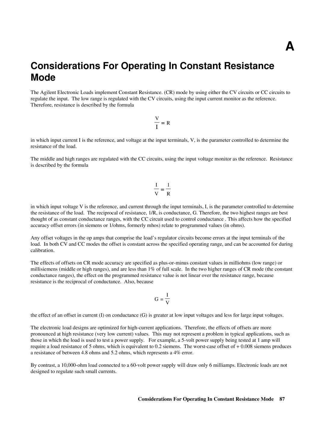 Agilent Technologies 5951-2827, 5951-2826 manual Considerations For Operating In Constant Resistance Mode 