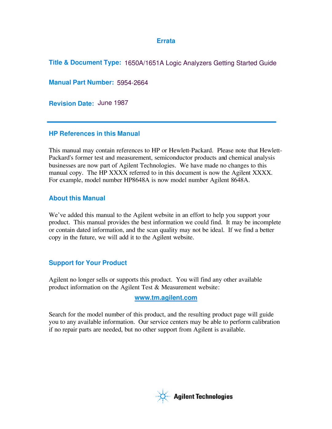 Agilent Technologies 5954-2664 manual Errata 