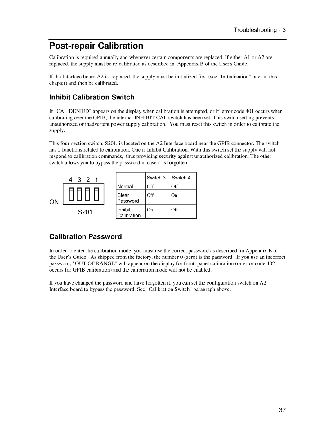 Agilent Technologies 5962-8200 service manual Post-repair Calibration, Inhibit Calibration Switch, Calibration Password 