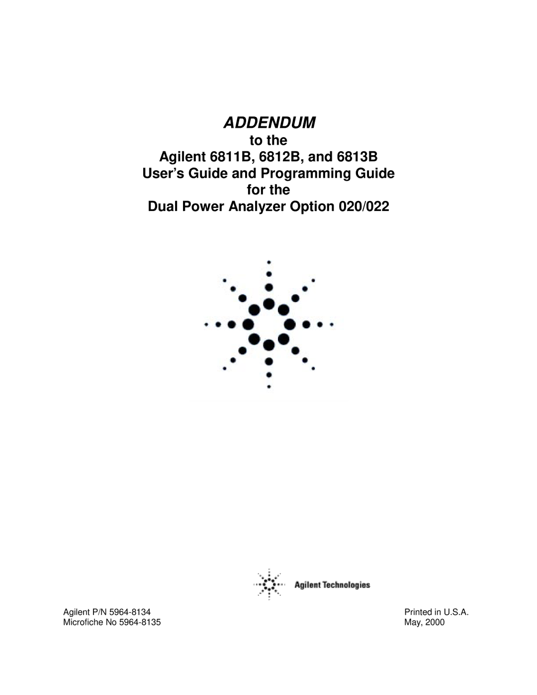 Agilent Technologies 5964-8134 manual Addendum 