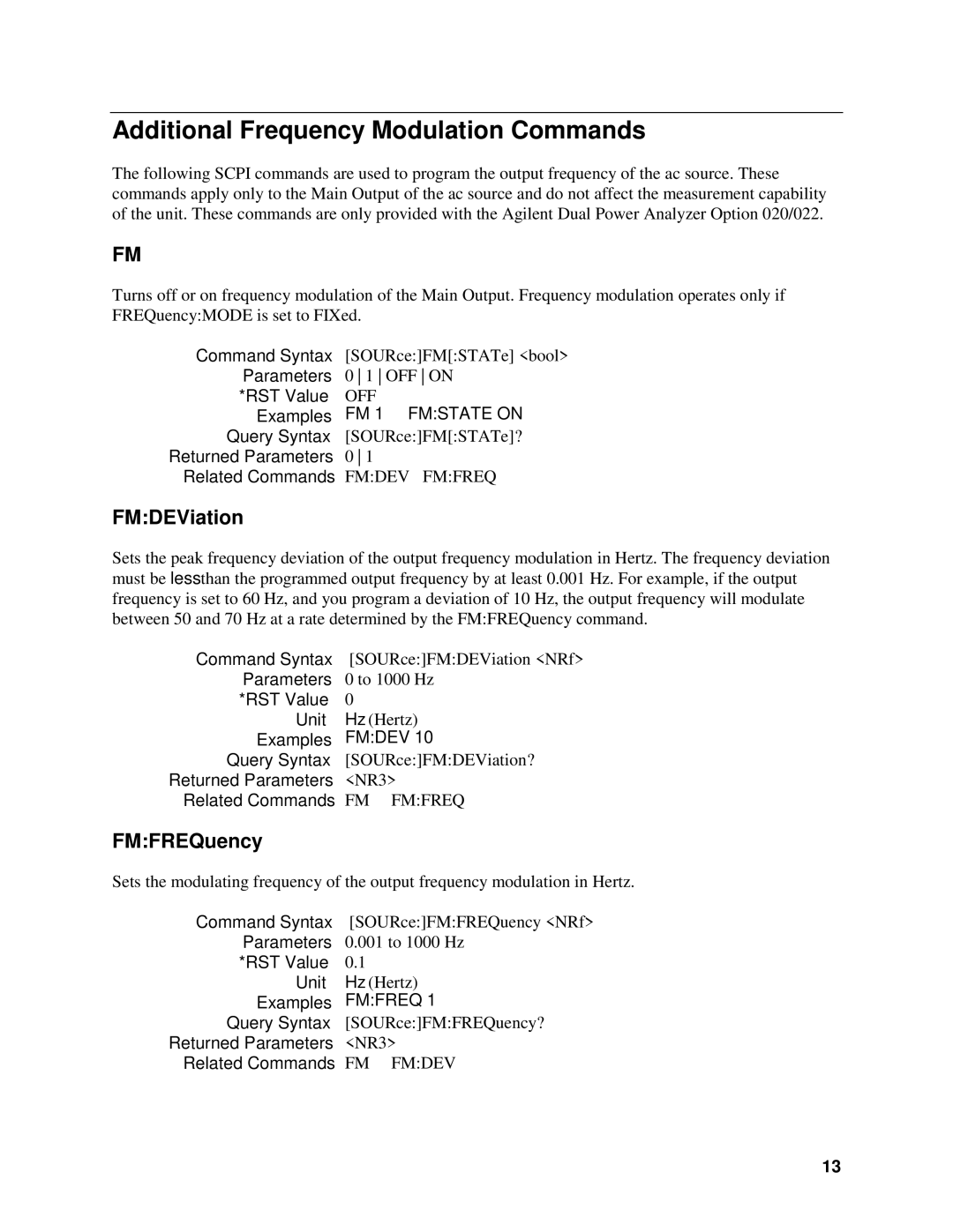 Agilent Technologies 5964-8134 manual Additional Frequency Modulation Commands, FMDEViation, FMFREQuency, RST Value Unit 