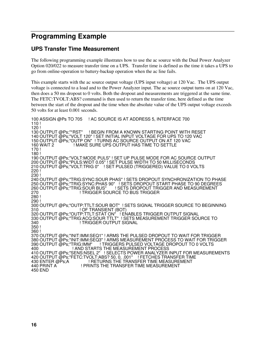 Agilent Technologies 5964-8134 manual Programming Example, UPS Transfer Time Measurement 