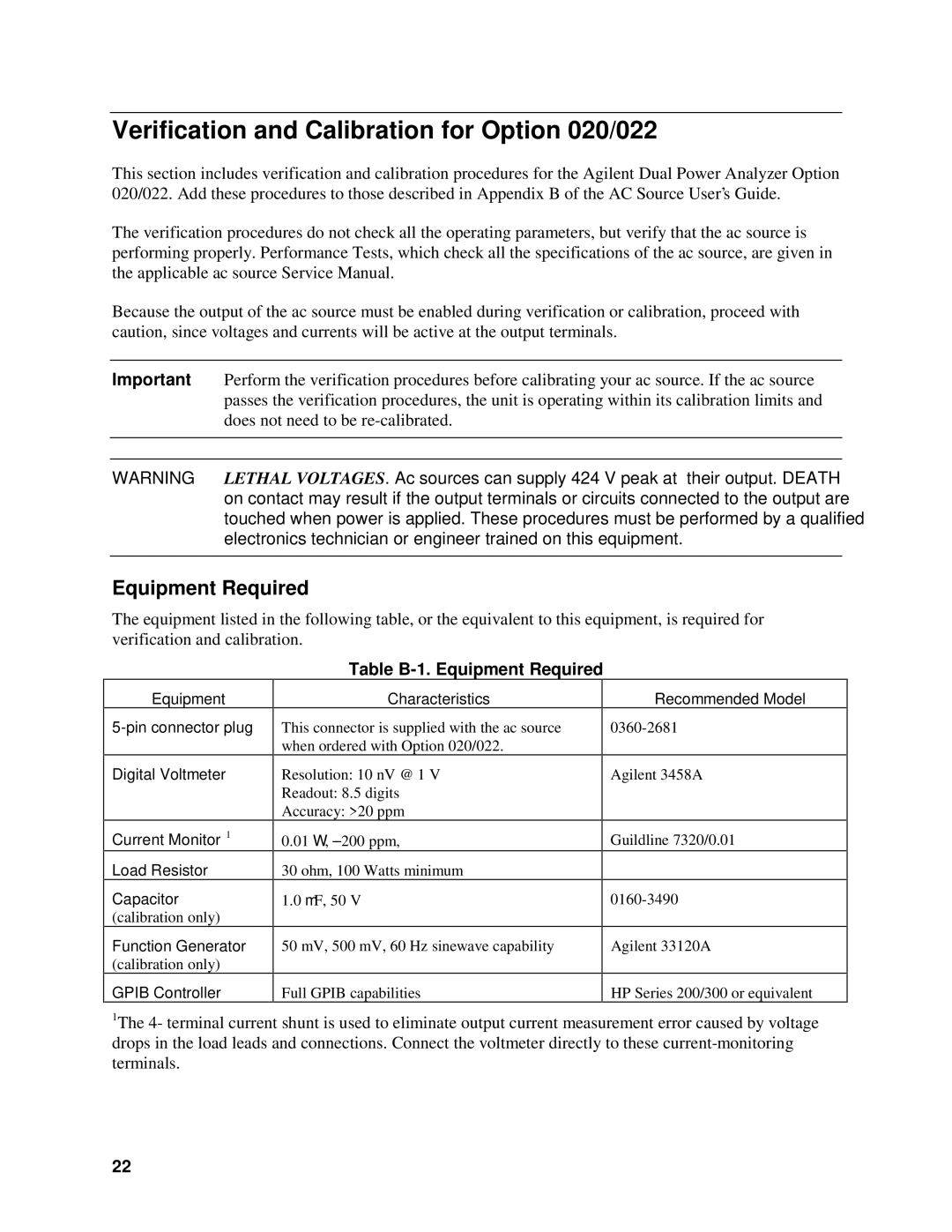 Agilent Technologies 5964-8134 manual Verification and Calibration for Option 020/022, Equipment Required 