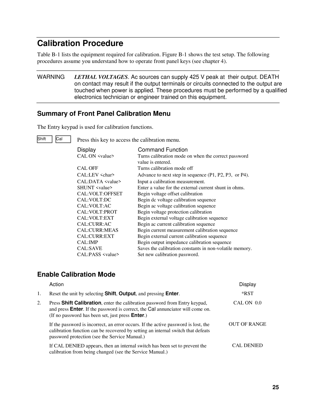 Agilent Technologies 5964-8134 Calibration Procedure, Summary of Front Panel Calibration Menu, Enable Calibration Mode 