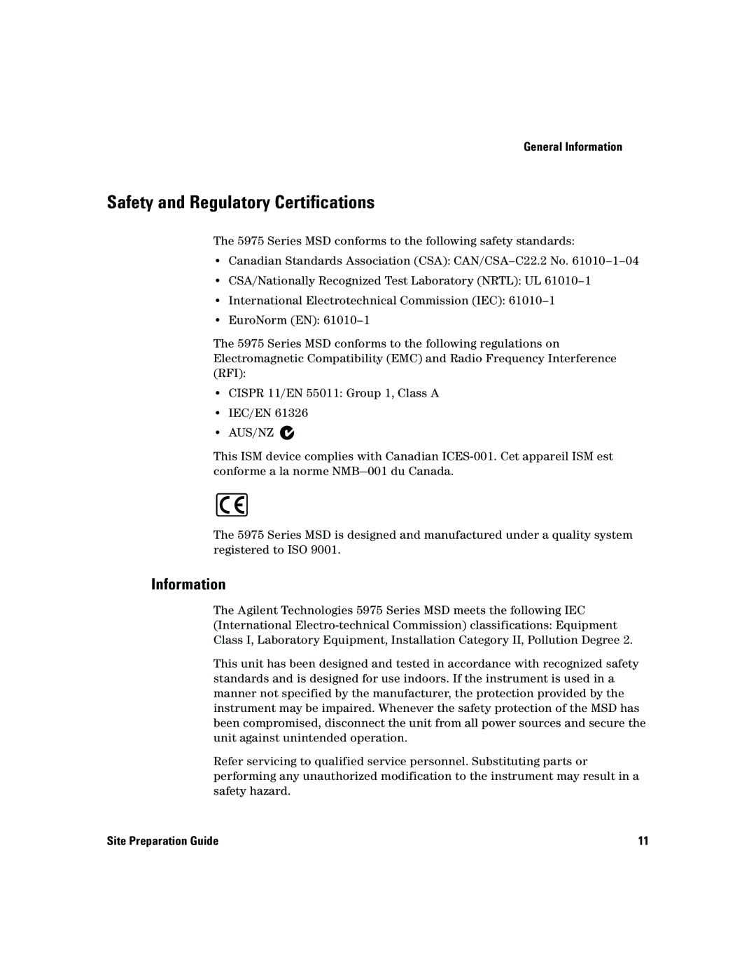 Agilent Technologies 5975 manual Safety and Regulatory Certifications, Information 