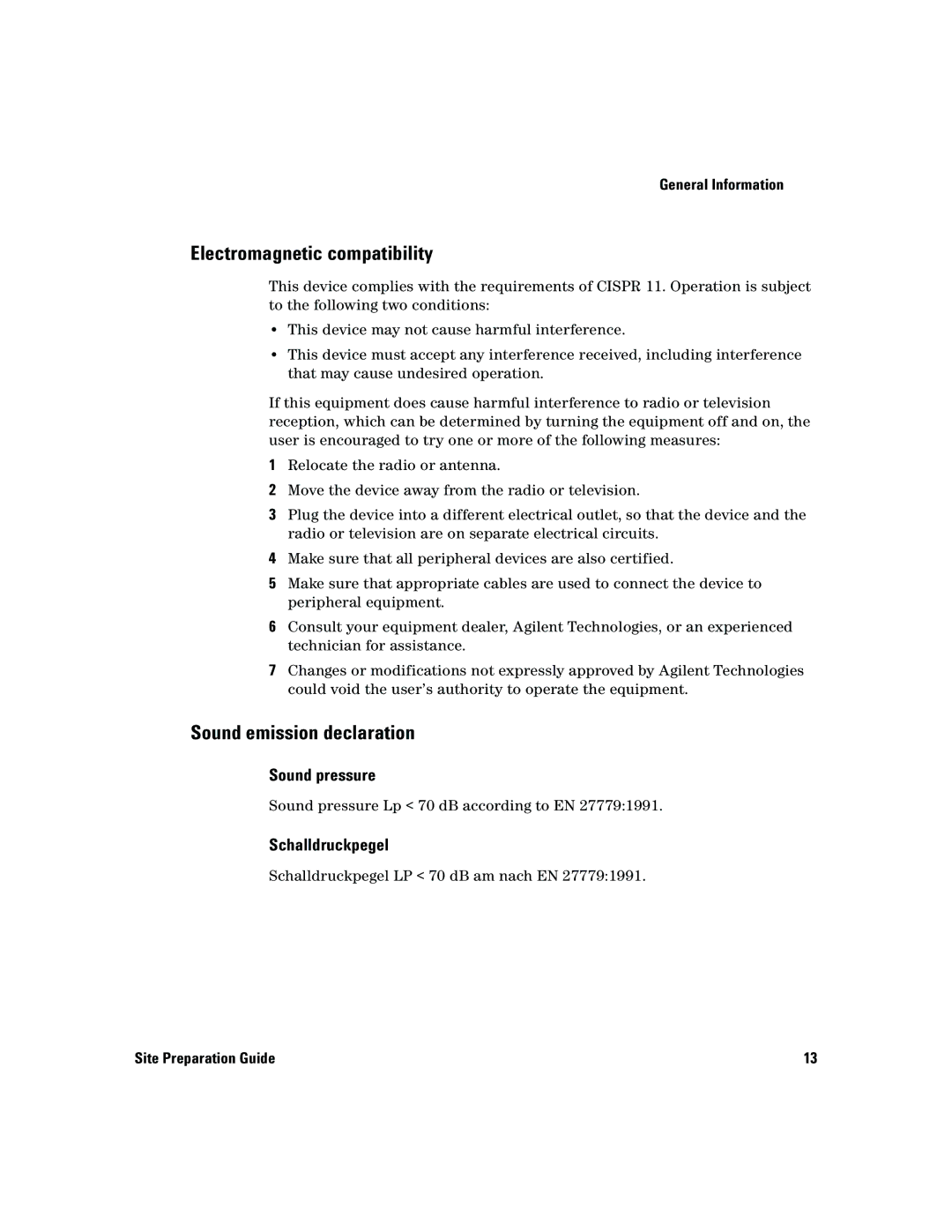 Agilent Technologies 5975 manual Electromagnetic compatibility, Sound emission declaration 