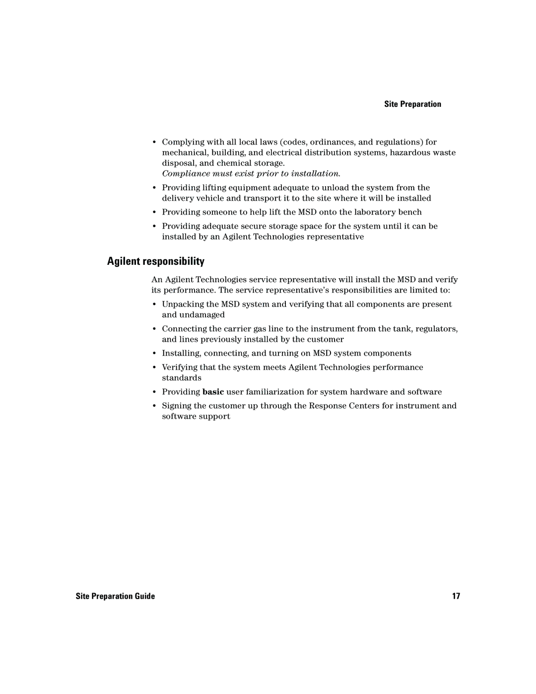 Agilent Technologies 5975 manual Agilent responsibility, Compliance must exist prior to installation 