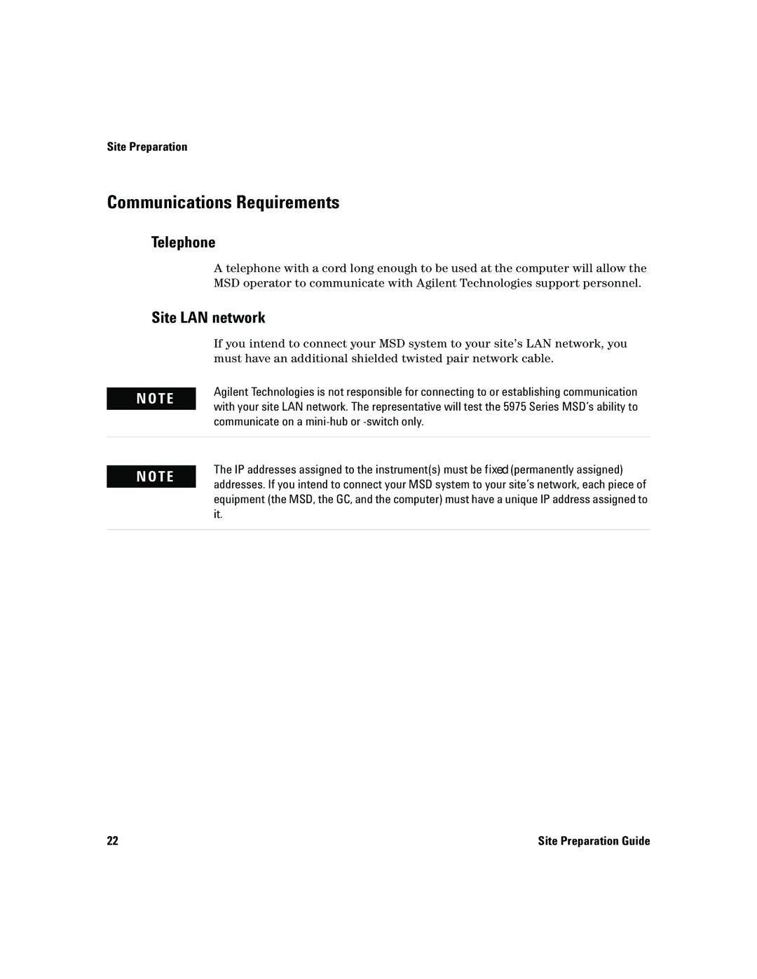 Agilent Technologies 5975 manual Communications Requirements, Telephone, Site LAN network 