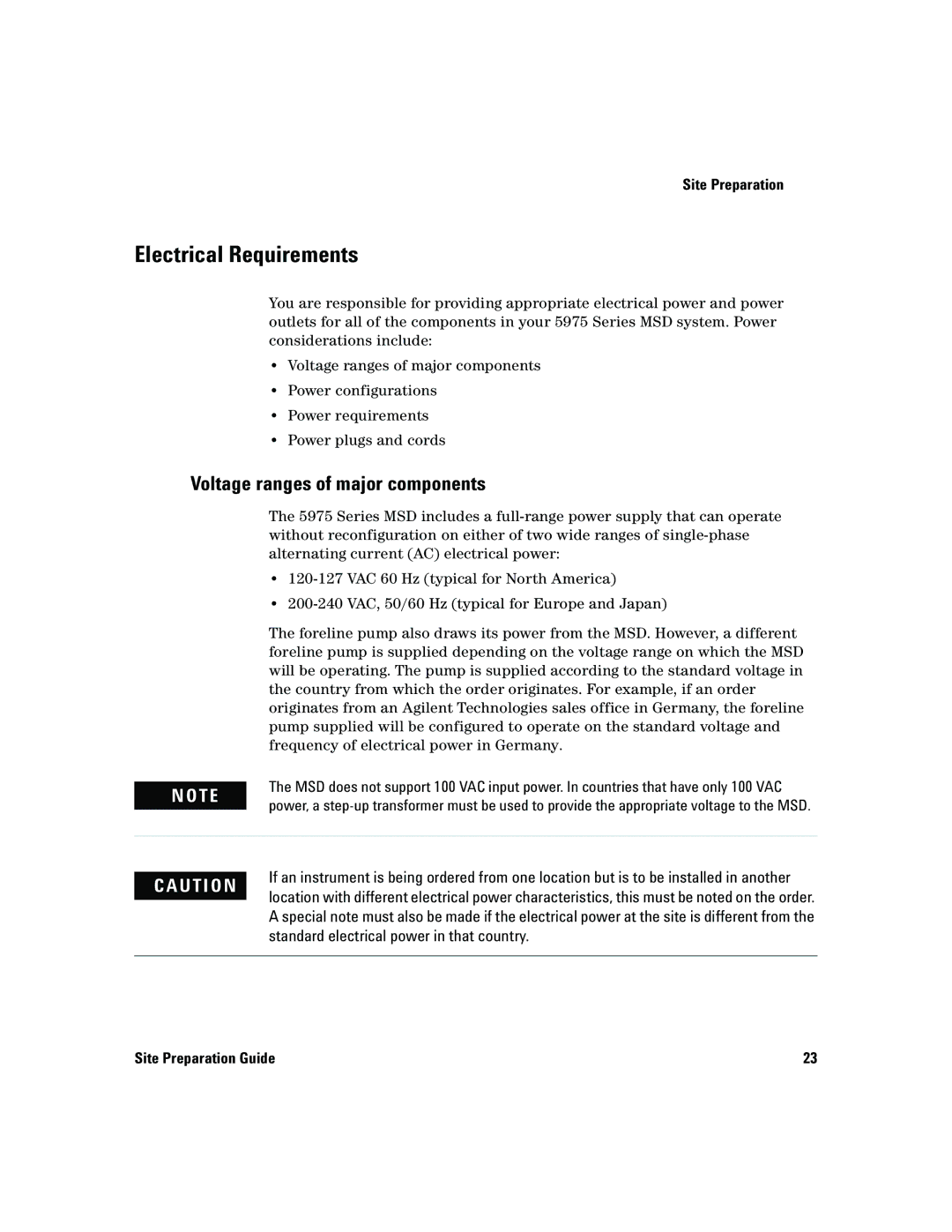 Agilent Technologies 5975 manual Electrical Requirements, Voltage ranges of major components 