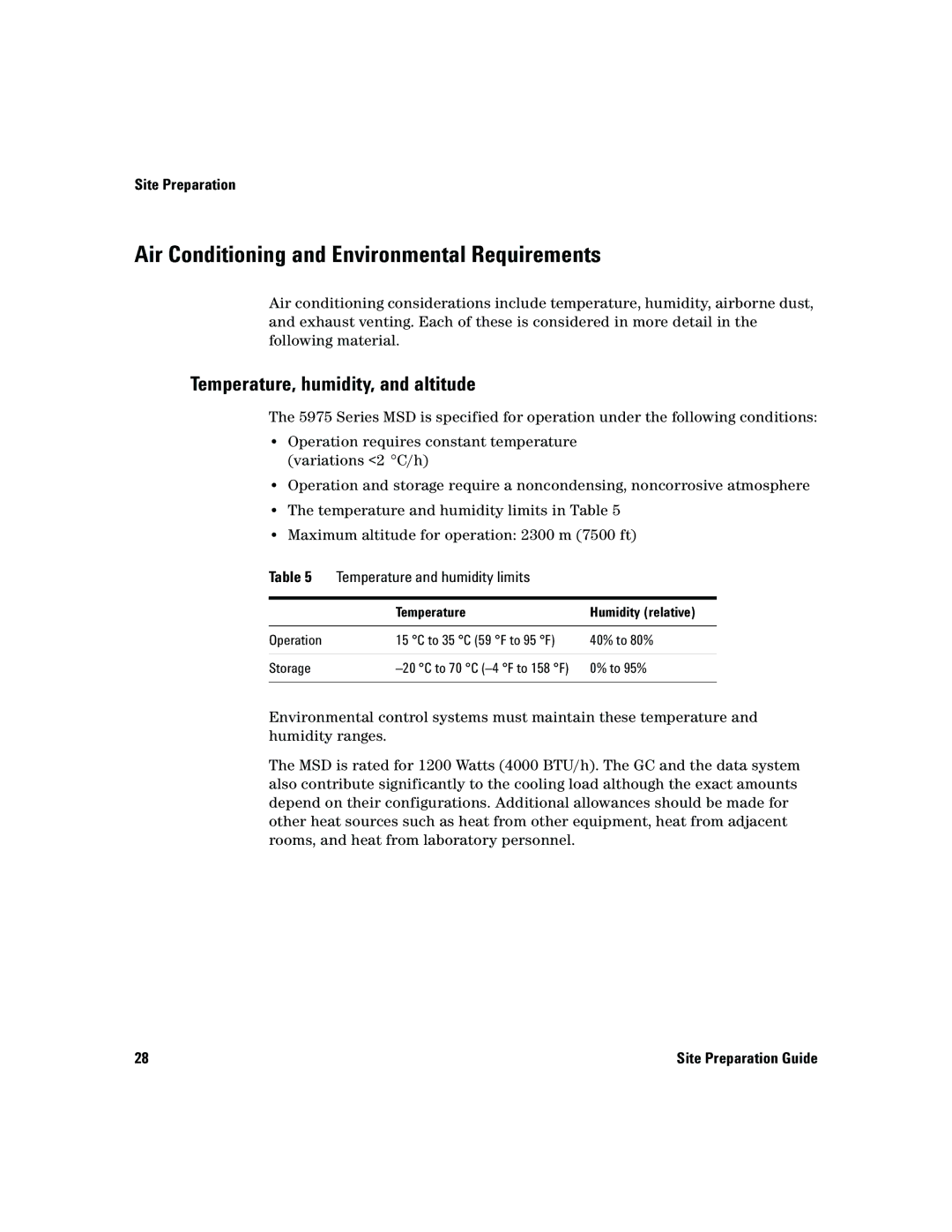 Agilent Technologies 5975 manual Air Conditioning and Environmental Requirements, Temperature, humidity, and altitude 