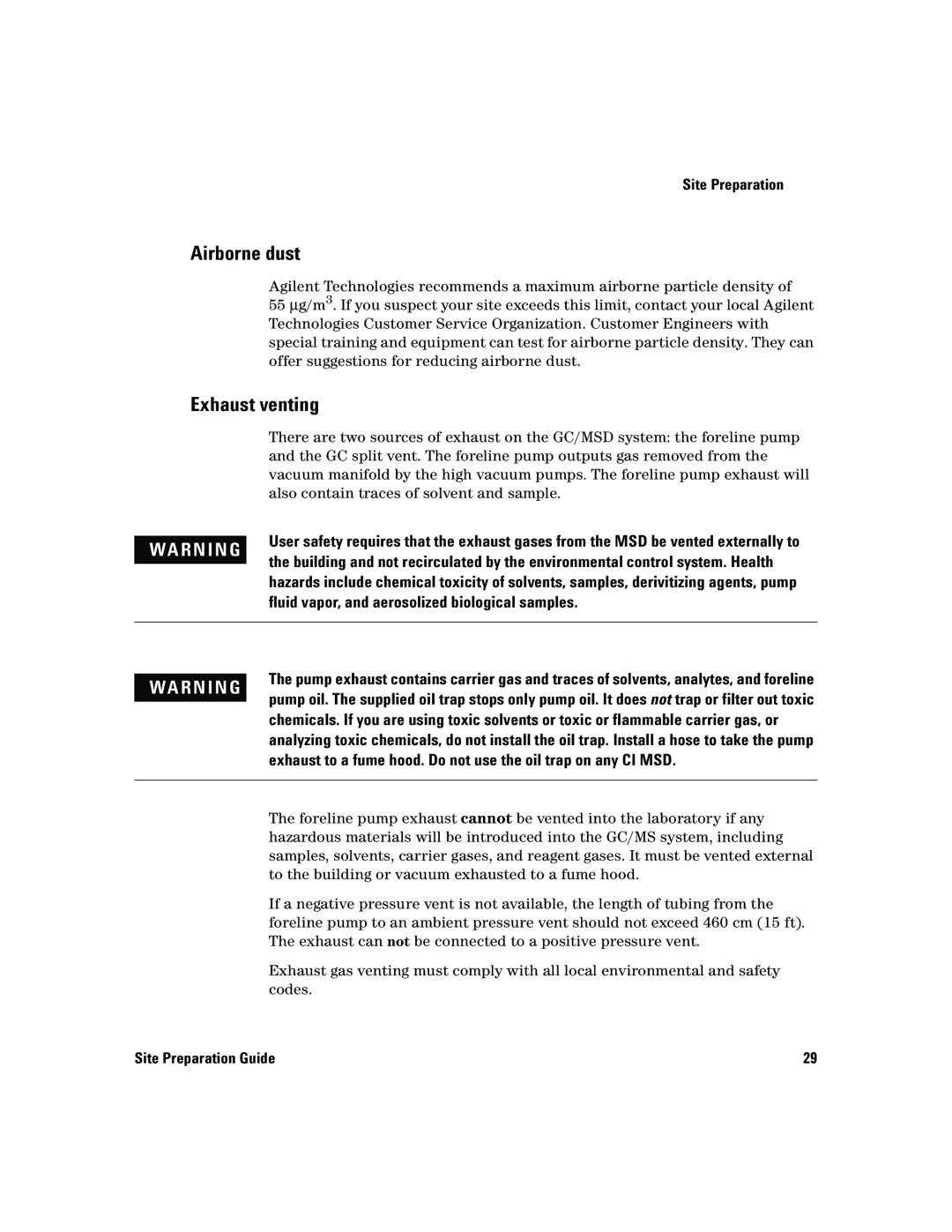 Agilent Technologies 5975 manual Airborne dust, Exhaust venting 