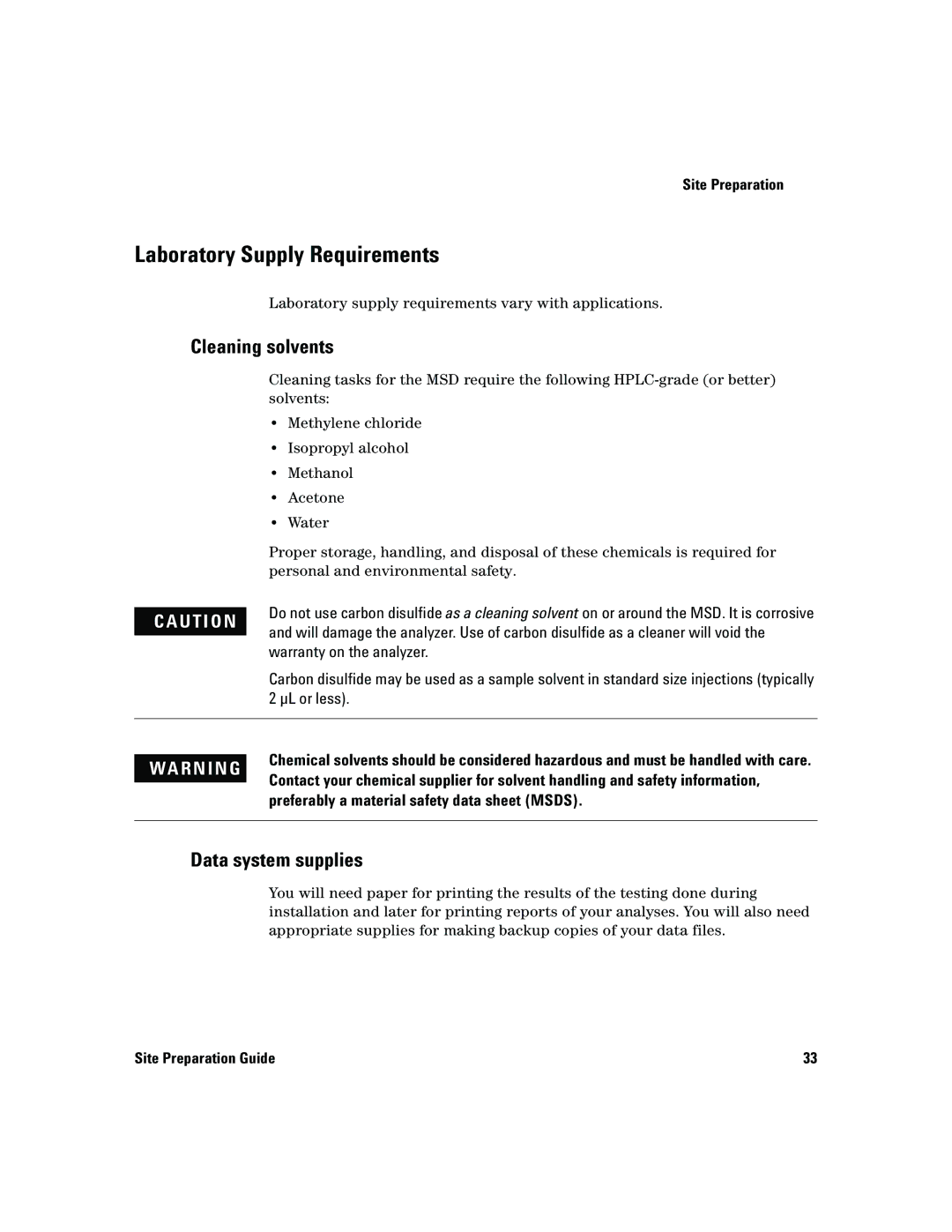 Agilent Technologies 5975 manual Laboratory Supply Requirements, Cleaning solvents, Data system supplies 