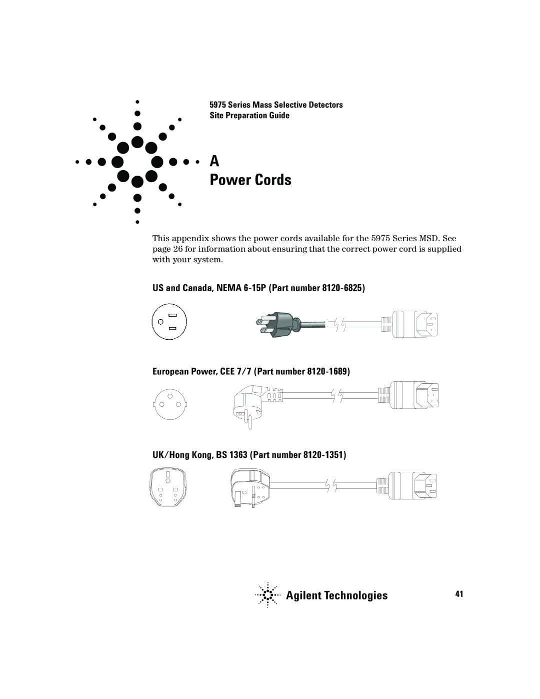 Agilent Technologies 5975 manual Power Cords 