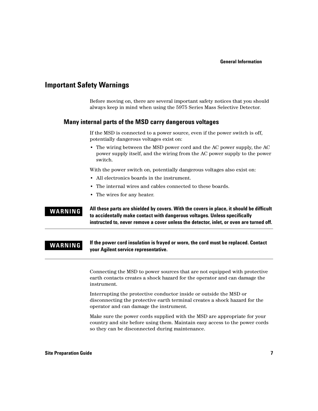 Agilent Technologies 5975 manual Important Safety Warnings, Many internal parts of the MSD carry dangerous voltages 