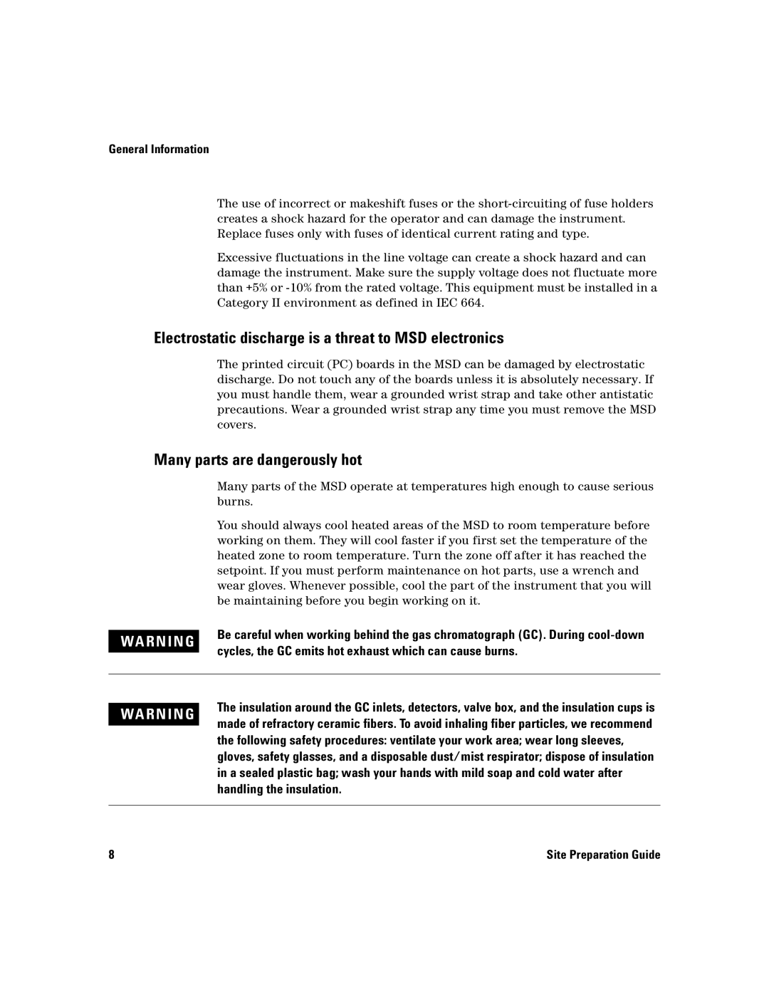 Agilent Technologies 5975 manual Electrostatic discharge is a threat to MSD electronics, Many parts are dangerously hot 