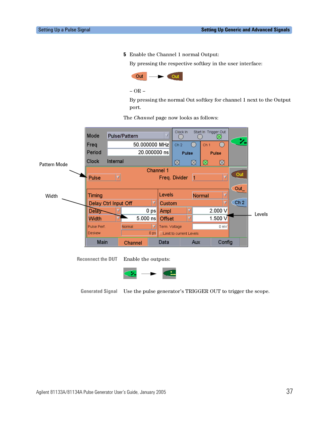 Agilent Technologies 5988-7401EN manual Setting Up a Pulse Signal, Pattern Mode Width Levels 