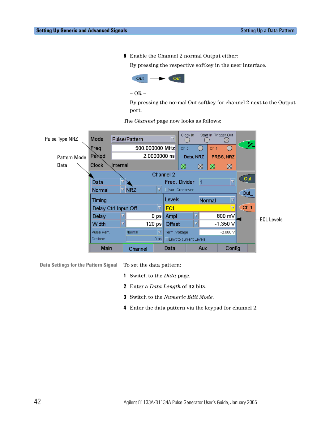 Agilent Technologies 5988-7401EN manual Pulse Type NRZ Pattern Mode Data ECL Levels, Switch to the Numeric Edit Mode 