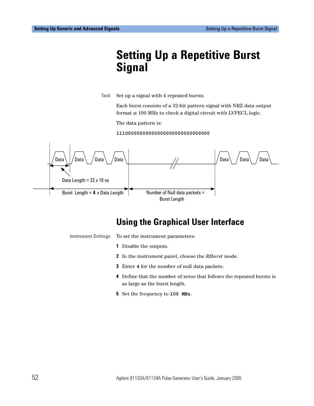 Agilent Technologies 5988-7401EN manual Setting Up a Repetitive Burst Signal, Burst Length = 4 x Data Length 