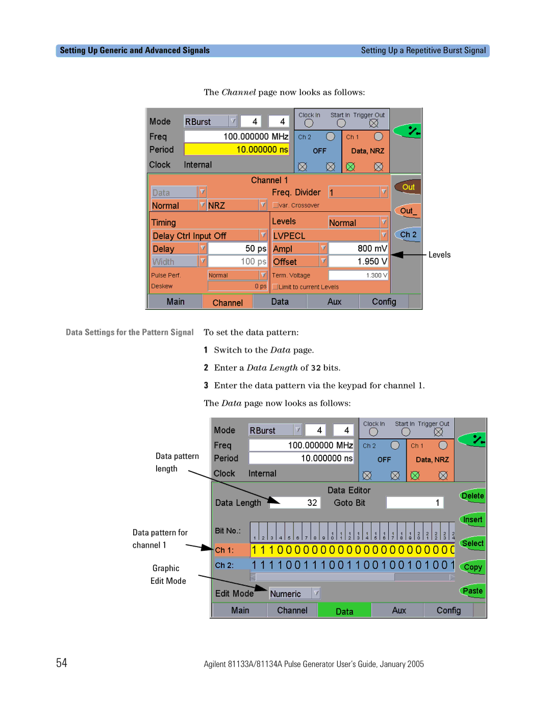 Agilent Technologies 5988-7401EN manual Data Settings for the Pattern Signal To set the data pattern 