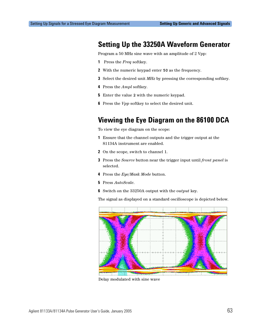 Agilent Technologies 5988-7401EN manual Setting Up the 33250A Waveform Generator, Viewing the Eye Diagram on the 86100 DCA 